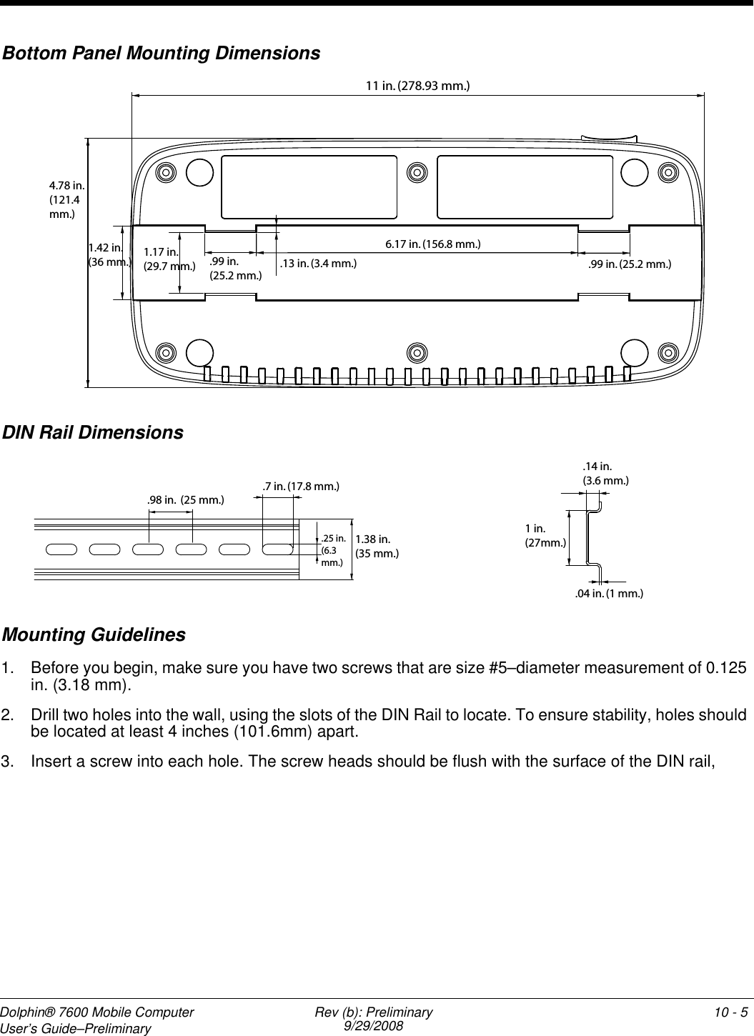 Dolphin® 7600 Mobile Computer User’s Guide–Preliminary Rev (b): Preliminary9/29/2008 10 - 3Battery ChargingInserting and Removing Battery Packs To insert a battery pack, place the end of the battery without the locking tab into the bottom of the charging pocket and snap the battery into place with a hinging motion. To remove a battery pack, push the locking tab down and pull the battery away from the charging slot with a hinging motion.Charging ProcessThe QuadCharger device charges Li-ion battery packs in four hours. Each charging slot works independently of the other three. As battery packs charge, the charging circuitry follows the two-step charging process (CC-CV) that is recommended for Li-Ion batteries. The process monitors changes in temperature, current, and voltage. TemperatureThe QuadCharger device charges Li-ion battery packs in four hours when charged within the recommended temperature range of 50° to 95° F (10° to 35°C). Temperature has a significant effect on charging. For best results, battery packs should be at room temperature before inserting in the QuadCharger device. When the battery temperature exceeds 40°C, the QuadCharger device may exceed the stated four-hour charge time. The QuadCharger device stops charging if the battery temperature is greater than 40°C but will begin charging again when the battery temperature is less than 40°C.To Charge Batteries1. Supply the QuadCharger device with power and turn the power switch on.2. Insert batteries into the appropriate slots. The Status LED for each slot turns orange to indicate that the battery is properly seated and has begun a charge cycle.3. When the Status LED turns green, the battery in the slot has completed charging.Recommendations for Storing BatteriesTo maintain top performance from batteries, follow these storage guidelines:• Avoid storing batteries outside of the specified temperature range of -4 to 122° F (-20 to 50°C) or in extremely high humidity.• For prolonged storage, do not keep batteries stored in a charger that is connected to a power source. !