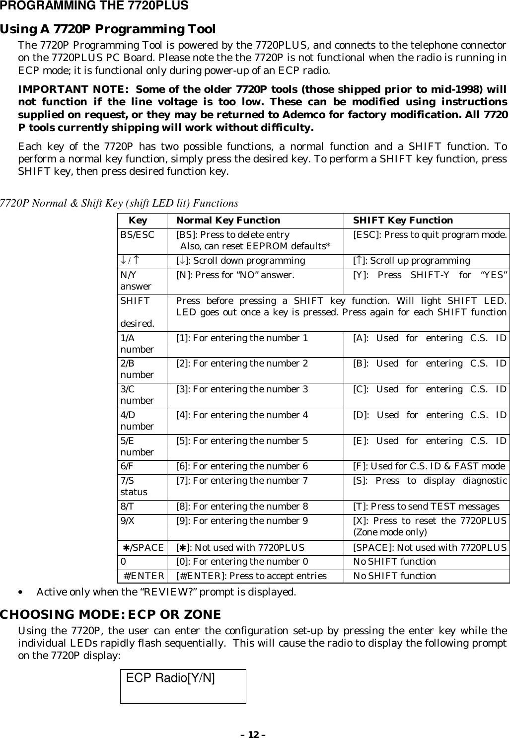 – 12 –PROGRAMMING THE 7720PLUSUsing A 7720P Programming ToolThe 7720P Programming Tool is powered by the 7720PLUS, and connects to the telephone connectoron the 7720PLUS PC Board. Please note the the 7720P is not functional when the radio is running inECP mode; it is functional only during power-up of an ECP radio.IMPORTANT NOTE:  Some of the older 7720P tools (those shipped prior to mid-1998) willnot function if the line voltage is too low. These can be modified using instructionssupplied on request, or they may be returned to Ademco for factory modification. All 7720P tools currently shipping will work without difficulty.Each key of the 7720P has two possible functions, a normal function and a SHIFT function. Toperform a normal key function, simply press the desired key. To perform a SHIFT key function, pressSHIFT key, then press desired function key.7720P Normal &amp; Shift Key (shift LED lit) Functions   Key Normal Key Function SHIFT Key FunctionBS/ESC [BS]: Press to delete entry [ESC]: Press to quit program mode.Also, can reset EEPROM defaults*↓ / ↑ [↓]: Scroll down programming [↑]: Scroll up programmingN/Y [N]: Press for “NO” answer.  [Y]:  Press  SHIFT-Y  for  “YES”answerSHIFT Press before pressing a SHIFT key function. Will light SHIFT LED.LED goes out once a key is pressed. Press again for each SHIFT functiondesired.1/A [1]: For entering the number 1 [A]:  Used  for  entering  C.S.  IDnumber2/B [2]: For entering the number 2 [B]:  Used  for  entering  C.S.  IDnumber3/C [3]: For entering the number 3 [C]:  Used  for  entering  C.S.  IDnumber4/D [4]: For entering the number 4 [D]:  Used  for  entering  C.S.  IDnumber5/E [5]: For entering the number 5 [E]:  Used  for  entering  C.S.  IDnumber6/F [6]: For entering the number 6 [F]: Used for C.S. ID &amp; FAST mode7/S [7]: For entering the number 7 [S]:  Press  to  display  diagnosticstatus8/T [8]: For entering the number 8 [T]: Press to send TEST messages9/X [9]: For entering the number 9 [X]:  Press  to  reset  the  7720PLUS(Zone mode only) ✱/SPACE [✱]: Not used with 7720PLUS [SPACE]: Not used with 7720PLUS0 [0]: For entering the number 0 No SHIFT function #/ENTER [#/ENTER]: Press to accept entries No SHIFT function• Active only when the “REVIEW?” prompt is displayed.CHOOSING MODE: ECP OR ZONEUsing the 7720P, the user can enter the configuration set-up by pressing the enter key while theindividual LEDs rapidly flash sequentially.  This will cause the radio to display the following prompton the 7720P display:ECP Radio[Y/N]