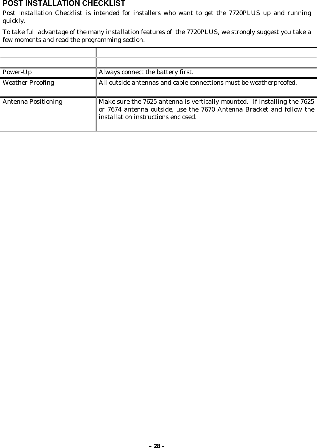 – 28 –POST INSTALLATION CHECKLISTPost Installation Checklist is intended for installers who want to get the 7720PLUS up and runningquickly.To take full advantage of the many installation features of  the 7720PLUS, we strongly suggest you take afew moments and read the programming section.Power-Up Always connect the battery first.Weather Proofing All outside antennas and cable connections must be weatherproofed.Antenna Positioning Make sure the 7625 antenna is vertically mounted.  If installing the 7625or 7674 antenna outside, use the 7670 Antenna Bracket and follow theinstallation instructions enclosed.