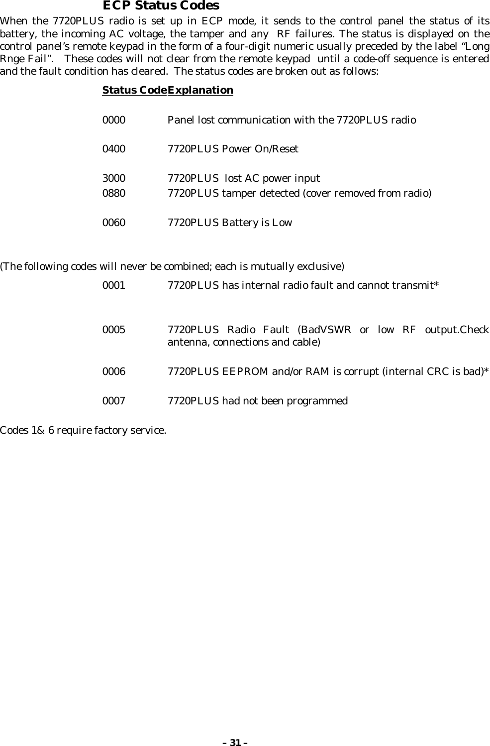 – 31 –ECP Status CodesWhen the 7720PLUS radio is set up in ECP mode, it sends to the control panel the status of itsbattery, the incoming AC voltage, the tamper and any  RF failures. The status is displayed on thecontrol panel’s remote keypad in the form of a four-digit numeric usually preceded by the label “LongRnge Fail”.   These codes will not clear from the remote keypad  until a code-off sequence is enteredand the fault condition has cleared.  The status codes are broken out as follows:Status CodeExplanation0000 Panel lost communication with the 7720PLUS radio0400 7720PLUS Power On/Reset3000 7720PLUS  lost AC power input0880 7720PLUS tamper detected (cover removed from radio)0060 7720PLUS Battery is Low(The following codes will never be combined; each is mutually exclusive)0001 7720PLUS has internal radio fault and cannot transmit*0005 7720PLUS Radio Fault (BadVSWR or low RF output.Checkantenna, connections and cable)0006 7720PLUS EEPROM and/or RAM is corrupt (internal CRC is bad)*0007 7720PLUS had not been programmedCodes 1&amp; 6 require factory service.