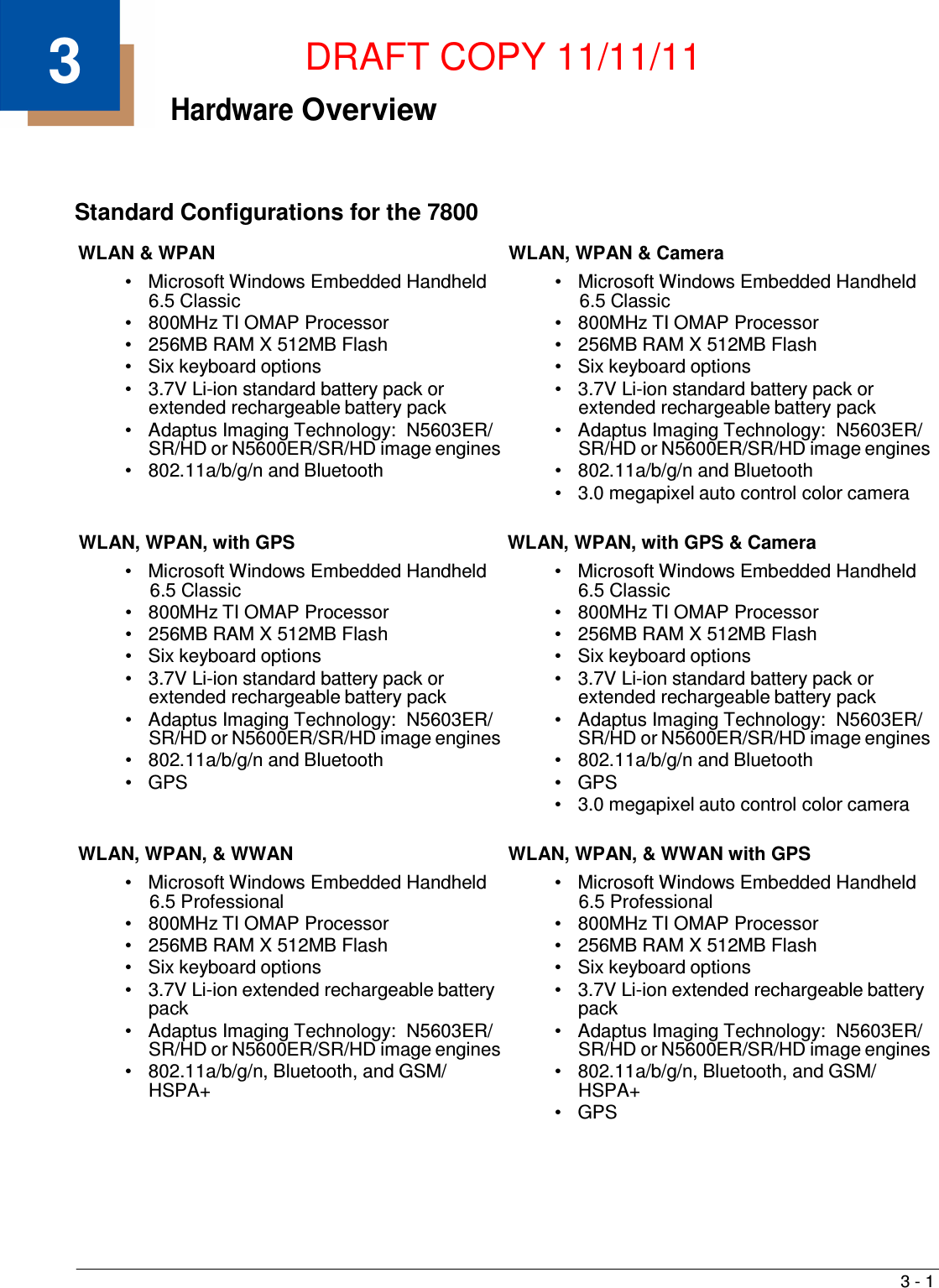 3 - 1   3  DRAFT COPY 11/11/11 Hardware Overview     Standard Configurations for the 7800  WLAN &amp; WPAN •   Microsoft Windows Embedded Handheld 6.5 Classic •   800MHz TI OMAP Processor •   256MB RAM X 512MB Flash •   Six keyboard options •   3.7V Li-ion standard battery pack or extended rechargeable battery pack •   Adaptus Imaging Technology:  N5603ER/ SR/HD or N5600ER/SR/HD image engines •   802.11a/b/g/n and Bluetooth WLAN, WPAN &amp; Camera •   Microsoft Windows Embedded Handheld 6.5 Classic •   800MHz TI OMAP Processor •   256MB RAM X 512MB Flash •   Six keyboard options •   3.7V Li-ion standard battery pack or extended rechargeable battery pack •   Adaptus Imaging Technology:  N5603ER/ SR/HD or N5600ER/SR/HD image engines •   802.11a/b/g/n and Bluetooth •   3.0 megapixel auto control color camera   WLAN, WPAN, with GPS •   Microsoft Windows Embedded Handheld 6.5 Classic •   800MHz TI OMAP Processor •   256MB RAM X 512MB Flash •   Six keyboard options •   3.7V Li-ion standard battery pack or extended rechargeable battery pack •   Adaptus Imaging Technology:  N5603ER/ SR/HD or N5600ER/SR/HD image engines •   802.11a/b/g/n and Bluetooth •   GPS WLAN, WPAN, with GPS &amp; Camera •   Microsoft Windows Embedded Handheld 6.5 Classic •   800MHz TI OMAP Processor •   256MB RAM X 512MB Flash •   Six keyboard options •   3.7V Li-ion standard battery pack or extended rechargeable battery pack •   Adaptus Imaging Technology:  N5603ER/ SR/HD or N5600ER/SR/HD image engines •   802.11a/b/g/n and Bluetooth •   GPS •   3.0 megapixel auto control color camera   WLAN, WPAN, &amp; WWAN •   Microsoft Windows Embedded Handheld 6.5 Professional •   800MHz TI OMAP Processor •   256MB RAM X 512MB Flash •   Six keyboard options •   3.7V Li-ion extended rechargeable battery pack •   Adaptus Imaging Technology:  N5603ER/ SR/HD or N5600ER/SR/HD image engines •   802.11a/b/g/n, Bluetooth, and GSM/ HSPA+ WLAN, WPAN, &amp; WWAN with GPS •   Microsoft Windows Embedded Handheld 6.5 Professional •   800MHz TI OMAP Processor •   256MB RAM X 512MB Flash •   Six keyboard options •   3.7V Li-ion extended rechargeable battery pack •   Adaptus Imaging Technology:  N5603ER/ SR/HD or N5600ER/SR/HD image engines •   802.11a/b/g/n, Bluetooth, and GSM/ HSPA+ •   GPS 