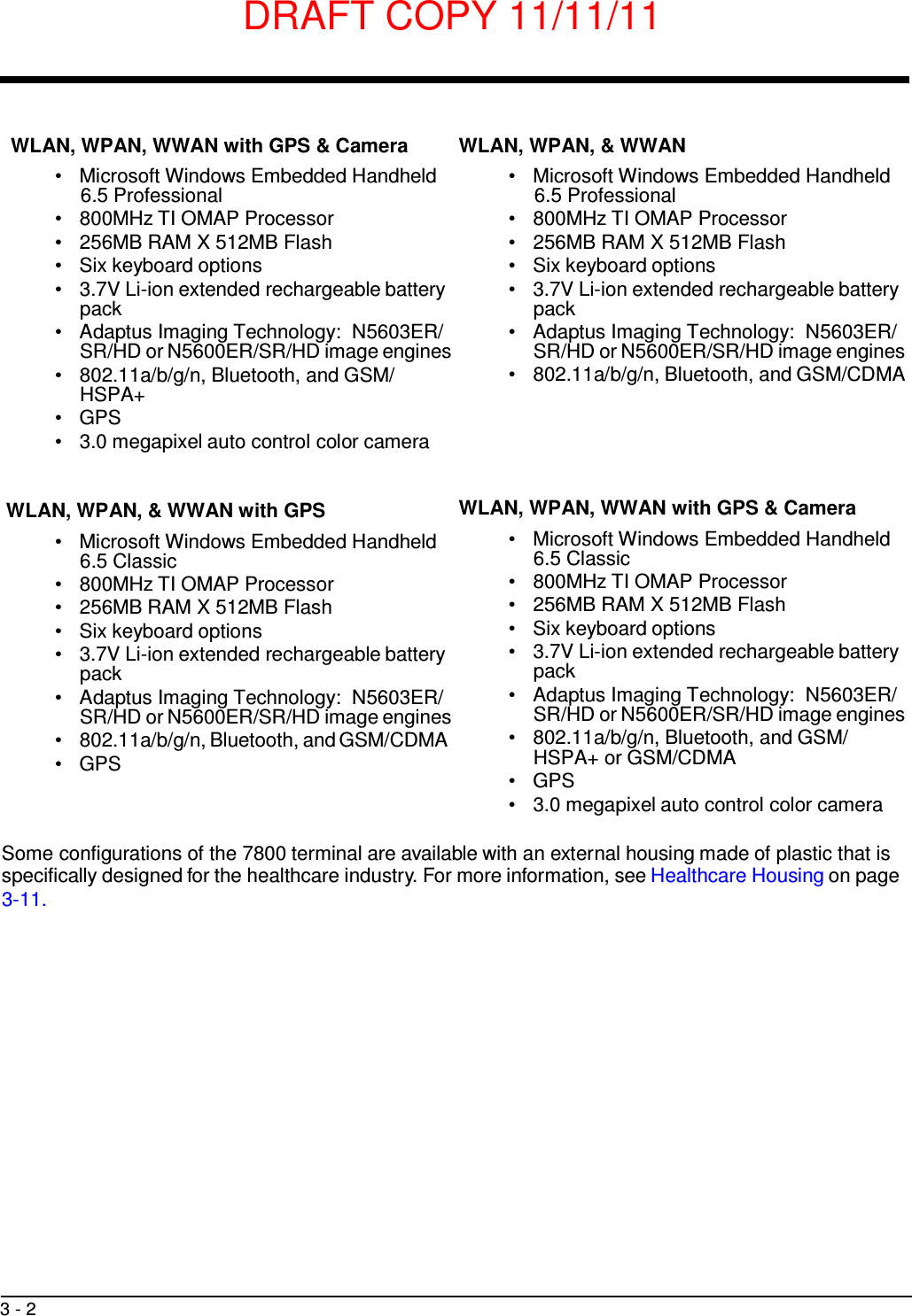 DRAFT COPY 11/11/11 3 - 2      WLAN, WPAN, WWAN with GPS &amp; Camera •   Microsoft Windows Embedded Handheld 6.5 Professional •   800MHz TI OMAP Processor •   256MB RAM X 512MB Flash •   Six keyboard options •   3.7V Li-ion extended rechargeable battery pack •   Adaptus Imaging Technology:  N5603ER/ SR/HD or N5600ER/SR/HD image engines •   802.11a/b/g/n, Bluetooth, and GSM/ HSPA+ •   GPS •   3.0 megapixel auto control color camera WLAN, WPAN, &amp; WWAN •   Microsoft Windows Embedded Handheld 6.5 Professional •   800MHz TI OMAP Processor •   256MB RAM X 512MB Flash •   Six keyboard options •   3.7V Li-ion extended rechargeable battery pack •   Adaptus Imaging Technology:  N5603ER/ SR/HD or N5600ER/SR/HD image engines •   802.11a/b/g/n, Bluetooth, and GSM/CDMA    WLAN, WPAN, &amp; WWAN with GPS •   Microsoft Windows Embedded Handheld 6.5 Classic •   800MHz TI OMAP Processor •   256MB RAM X 512MB Flash •   Six keyboard options •   3.7V Li-ion extended rechargeable battery pack •   Adaptus Imaging Technology:  N5603ER/ SR/HD or N5600ER/SR/HD image engines •   802.11a/b/g/n, Bluetooth, and GSM/CDMA •   GPS WLAN, WPAN, WWAN with GPS &amp; Camera •   Microsoft Windows Embedded Handheld 6.5 Classic •   800MHz TI OMAP Processor •   256MB RAM X 512MB Flash •   Six keyboard options •   3.7V Li-ion extended rechargeable battery pack •   Adaptus Imaging Technology:  N5603ER/ SR/HD or N5600ER/SR/HD image engines •   802.11a/b/g/n, Bluetooth, and GSM/ HSPA+ or GSM/CDMA •   GPS •   3.0 megapixel auto control color camera   Some configurations of the 7800 terminal are available with an external housing made of plastic that is specifically designed for the healthcare industry. For more information, see Healthcare Housing on page 3-11. 