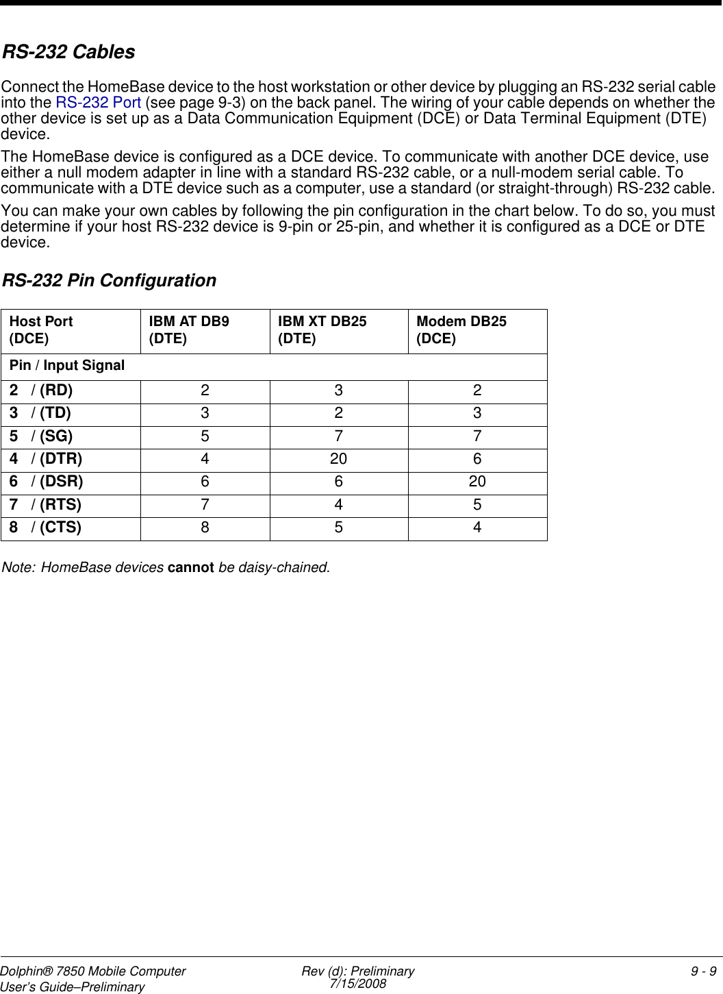Dolphin® 7850 Mobile Computer  User’s Guide–Preliminary  Rev (d): Preliminary7/15/2008 9 - 9RS-232 CablesConnect the HomeBase device to the host workstation or other device by plugging an RS-232 serial cable into the RS-232 Port (see page 9-3) on the back panel. The wiring of your cable depends on whether the other device is set up as a Data Communication Equipment (DCE) or Data Terminal Equipment (DTE) device. The HomeBase device is configured as a DCE device. To communicate with another DCE device, use either a null modem adapter in line with a standard RS-232 cable, or a null-modem serial cable. To communicate with a DTE device such as a computer, use a standard (or straight-through) RS-232 cable. You can make your own cables by following the pin configuration in the chart below. To do so, you must determine if your host RS-232 device is 9-pin or 25-pin, and whether it is configured as a DCE or DTE device.RS-232 Pin ConfigurationNote: HomeBase devices cannot be daisy-chained.Host Port (DCE) IBM AT DB9 (DTE) IBM XT DB25 (DTE) Modem DB25 (DCE)Pin / Input Signal2   / (RD) 23 23   / (TD) 32 35   / (SG) 57 74   / (DTR) 420 66   / (DSR) 66207   / (RTS) 74 58   / (CTS) 85 4