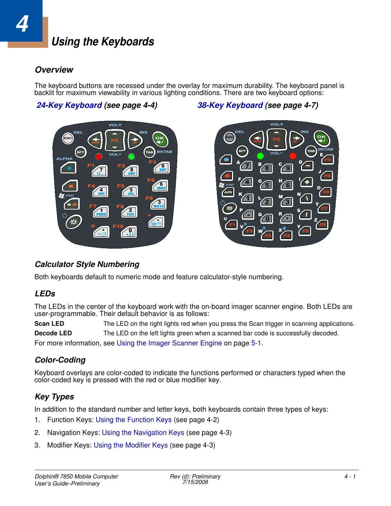 Dolphin® 7850 Mobile Computer User’s Guide–Preliminary  Rev (d): Preliminary7/15/2008 4 - 14Using the KeyboardsOverviewThe keyboard buttons are recessed under the overlay for maximum durability. The keyboard panel is backlit for maximum viewability in various lighting conditions. There are two keyboard options: Calculator Style NumberingBoth keyboards default to numeric mode and feature calculator-style numbering.LEDsThe LEDs in the center of the keyboard work with the on-board imager scanner engine. Both LEDs are user-programmable. Their default behavior is as follows:Scan LED  The LED on the right lights red when you press the Scan trigger in scanning applications.Decode LED  The LED on the left lights green when a scanned bar code is successfully decoded.For more information, see Using the Imager Scanner Engine on page 5-1.Color-CodingKeyboard overlays are color-coded to indicate the functions performed or characters typed when the color-coded key is pressed with the red or blue modifier key. Key TypesIn addition to the standard number and letter keys, both keyboards contain three types of keys:1. Function Keys: Using the Function Keys (see page 4-2)2. Navigation Keys: Using the Navigation Keys (see page 4-3) 3. Modifier Keys: Using the Modifier Keys (see page 4-3)24-Key Keyboard (see page 4-4) 38-Key Keyboard (see page 4-7)PGBKSPSPESCTABSFT74GHI1PQRS8ABC5JKL2TUV9DEF6MNO3WXYZ/\ _0+[]:–F1 F2F3F4 F5F6F7 F8F9F10VOL+DEL INSBKTABSTARTVOL-ALPHA“=F4 F5 F6 F7 F8 F9 F10 - + \ \ / / , 3 6 9 0 2 5 8 7 4 1 . BKSP PG SP TA B ESC ALPH F 1 F2 F3 SFT O B E J U A  C  D F  G  H  I K  L  M  N Q S T V W  X  Y Z ST ART P # *  @ DEL VOL + VOL - INS R BKTAB