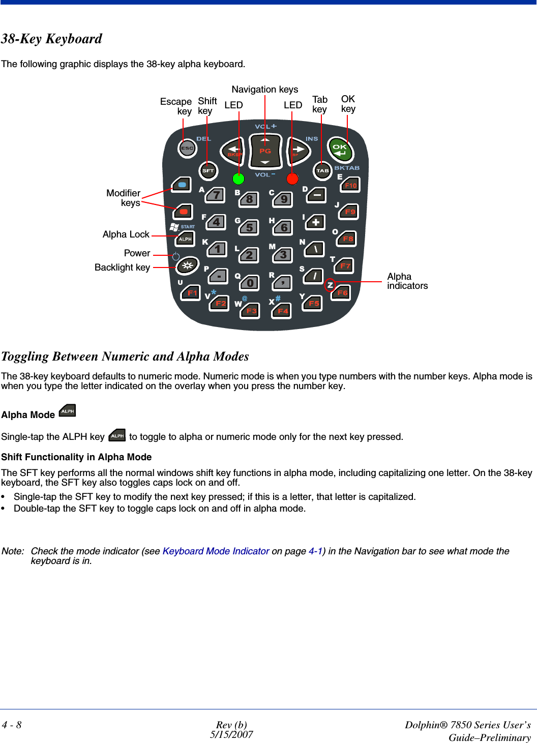 4 - 8 Rev (b)5/15/2007Dolphin® 7850 Series User’sGuide–Preliminary38-Key KeyboardThe following graphic displays the 38-key alpha keyboard.Toggling Between Numeric and Alpha Modes The 38-key keyboard defaults to numeric mode. Numeric mode is when you type numbers with the number keys. Alpha mode is when you type the letter indicated on the overlay when you press the number key. Alpha Mode Single-tap the ALPH key   to toggle to alpha or numeric mode only for the next key pressed. Shift Functionality in Alpha ModeThe SFT key performs all the normal windows shift key functions in alpha mode, including capitalizing one letter. On the 38-key keyboard, the SFT key also toggles caps lock on and off.• Single-tap the SFT key to modify the next key pressed; if this is a letter, that letter is capitalized.• Double-tap the SFT key to toggle caps lock on and off in alpha mode.Note: Check the mode indicator (see Keyboard Mode Indicator on page 4-1) in the Navigation bar to see what mode the keyboard is in.+\/3690258741OBEJUACDFGHIKLMNQSTVWXYZSTARTP#*@REscapekeyPowerBacklight keyOK keyNavigation keysTab keyAlpha indicators ModifierkeysShift key LED LEDAlpha Lock