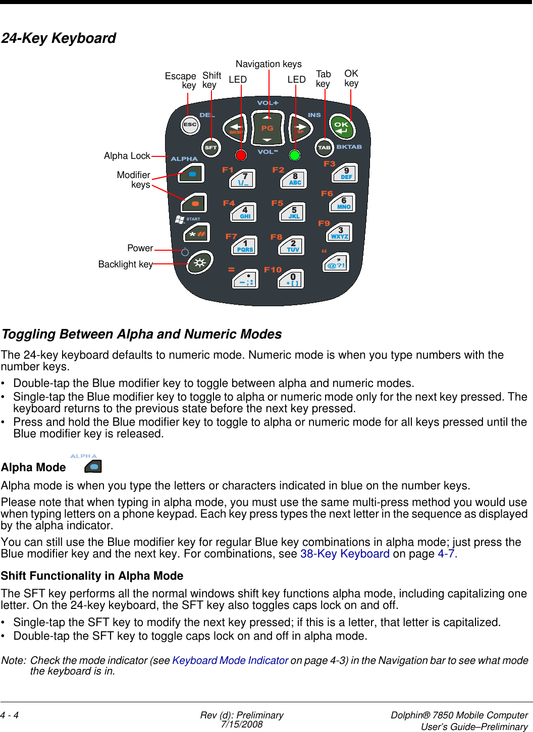 4 - 4 Rev (d): Preliminary7/15/2008 Dolphin® 7850 Mobile ComputerUser’s Guide–Preliminary24-Key KeyboardToggling Between Alpha and Numeric ModesThe 24-key keyboard defaults to numeric mode. Numeric mode is when you type numbers with the number keys. • Double-tap the Blue modifier key to toggle between alpha and numeric modes.• Single-tap the Blue modifier key to toggle to alpha or numeric mode only for the next key pressed. The keyboard returns to the previous state before the next key pressed.• Press and hold the Blue modifier key to toggle to alpha or numeric mode for all keys pressed until the Blue modifier key is released.Alpha Mode Alpha mode is when you type the letters or characters indicated in blue on the number keys.Please note that when typing in alpha mode, you must use the same multi-press method you would use when typing letters on a phone keypad. Each key press types the next letter in the sequence as displayed by the alpha indicator.You can still use the Blue modifier key for regular Blue key combinations in alpha mode; just press the Blue modifier key and the next key. For combinations, see 38-Key Keyboard on page 4-7. Shift Functionality in Alpha ModeThe SFT key performs all the normal windows shift key functions alpha mode, including capitalizing one letter. On the 24-key keyboard, the SFT key also toggles caps lock on and off.• Single-tap the SFT key to modify the next key pressed; if this is a letter, that letter is capitalized.• Double-tap the SFT key to toggle caps lock on and off in alpha mode.Note: Check the mode indicator (see Keyboard Mode Indicator on page 4-3) in the Navigation bar to see what mode the keyboard is in.PGBKSPSPESCTABSFT74GHI1PQRS8ABC5JKL2TUV9DEF6MNO3WXYZ/\ _0+[]:–F1 F2F3F4 F5F6F7 F8F9F10VOL+DEL INSBKTABSTARTVOL-ALPHA“=PowerBacklight keyModifierkeysAlpha LockEscapekeyOK keyNavigation keys Tab keyShift key LED LED