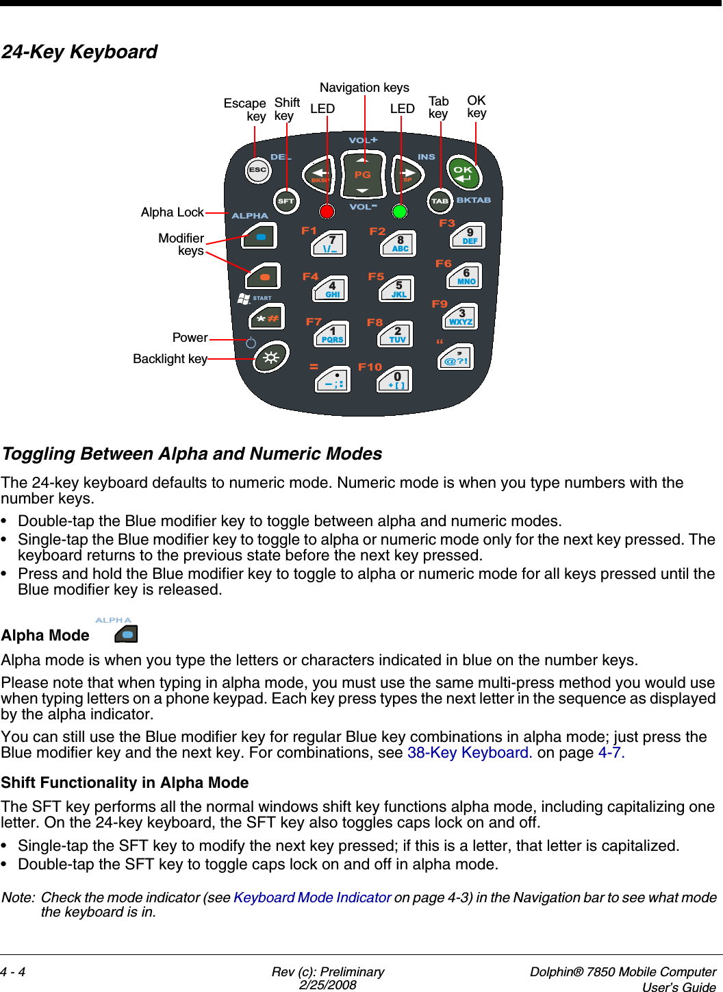 4 - 4 Rev (c): Preliminary2/25/2008Dolphin® 7850 Mobile ComputerUser’s Guide24-Key KeyboardToggling Between Alpha and Numeric ModesThe 24-key keyboard defaults to numeric mode. Numeric mode is when you type numbers with the number keys. • Double-tap the Blue modifier key to toggle between alpha and numeric modes.• Single-tap the Blue modifier key to toggle to alpha or numeric mode only for the next key pressed. The keyboard returns to the previous state before the next key pressed.• Press and hold the Blue modifier key to toggle to alpha or numeric mode for all keys pressed until the Blue modifier key is released.Alpha Mode Alpha mode is when you type the letters or characters indicated in blue on the number keys.Please note that when typing in alpha mode, you must use the same multi-press method you would use when typing letters on a phone keypad. Each key press types the next letter in the sequence as displayed by the alpha indicator.You can still use the Blue modifier key for regular Blue key combinations in alpha mode; just press the Blue modifier key and the next key. For combinations, see 38-Key Keyboard. on page 4-7. Shift Functionality in Alpha ModeThe SFT key performs all the normal windows shift key functions alpha mode, including capitalizing one letter. On the 24-key keyboard, the SFT key also toggles caps lock on and off.• Single-tap the SFT key to modify the next key pressed; if this is a letter, that letter is capitalized.• Double-tap the SFT key to toggle caps lock on and off in alpha mode.Note: Check the mode indicator (see Keyboard Mode Indicator on page 4-3) in the Navigation bar to see what mode the keyboard is in.PGBKSPSPESCTABSFT74GHI1PQRS8ABC5JKL2TUV9DEF6MNO3WXYZ/\ _0+[]:–F1 F2F3F4 F5F6F7 F8F9F10VOL+DEL INSBKTABSTARTVOL-ALPHA“=PowerBacklight keyModifierkeysAlpha LockEscapekeyOK keyNavigation keysTab  keyShift key LED LED