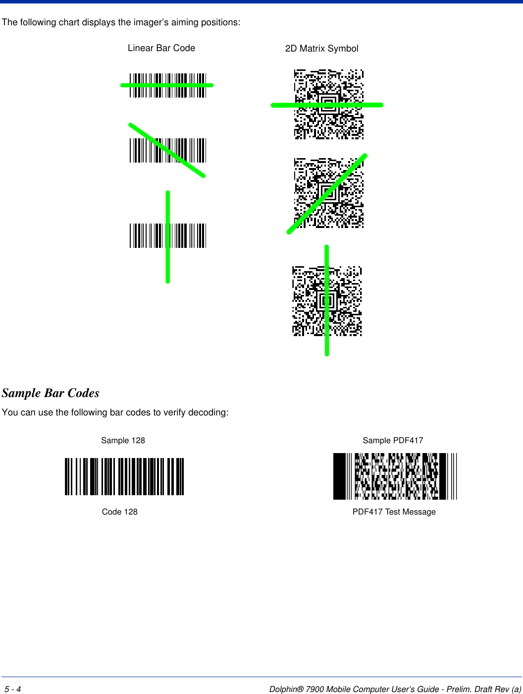 5 - 4 Dolphin® 7900 Mobile Computer User’s Guide - Prelim. Draft Rev (a)The following chart displays the imager’s aiming positions:Sample Bar CodesYou can use the following bar codes to verify decoding:Linear Bar Code 2D Matrix SymbolSample 128 Sample PDF417Code 128 PDF417 Test Message