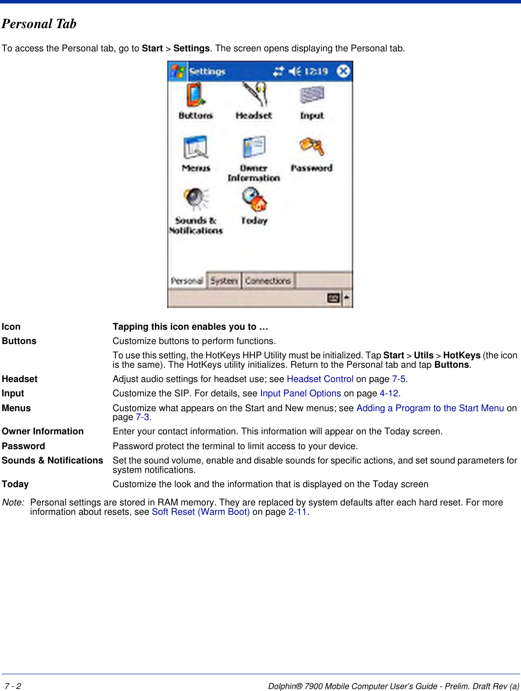 7 - 2 Dolphin® 7900 Mobile Computer User’s Guide - Prelim. Draft Rev (a)Personal TabTo access the Personal tab, go to Start &gt; Settings. The screen opens displaying the Personal tab.Icon Tapping this icon enables you to …Buttons Customize buttons to perform functions. To use this setting, the HotKeys HHP Utility must be initialized. Tap Start &gt; Utils &gt; HotKeys (the icon is the same). The HotKeys utility initializes. Return to the Personal tab and tap Buttons.Headset Adjust audio settings for headset use; see Headset Control on page 7-5.Input Customize the SIP. For details, see Input Panel Options on page 4-12.Menus Customize what appears on the Start and New menus; see Adding a Program to the Start Menu on page 7-3. Owner Information Enter your contact information. This information will appear on the Today screen.Password Password protect the terminal to limit access to your device. Sounds &amp; Notifications Set the sound volume, enable and disable sounds for specific actions, and set sound parameters for system notifications.Today Customize the look and the information that is displayed on the Today screenNote: Personal settings are stored in RAM memory. They are replaced by system defaults after each hard reset. For more information about resets, see Soft Reset (Warm Boot) on page 2-11.