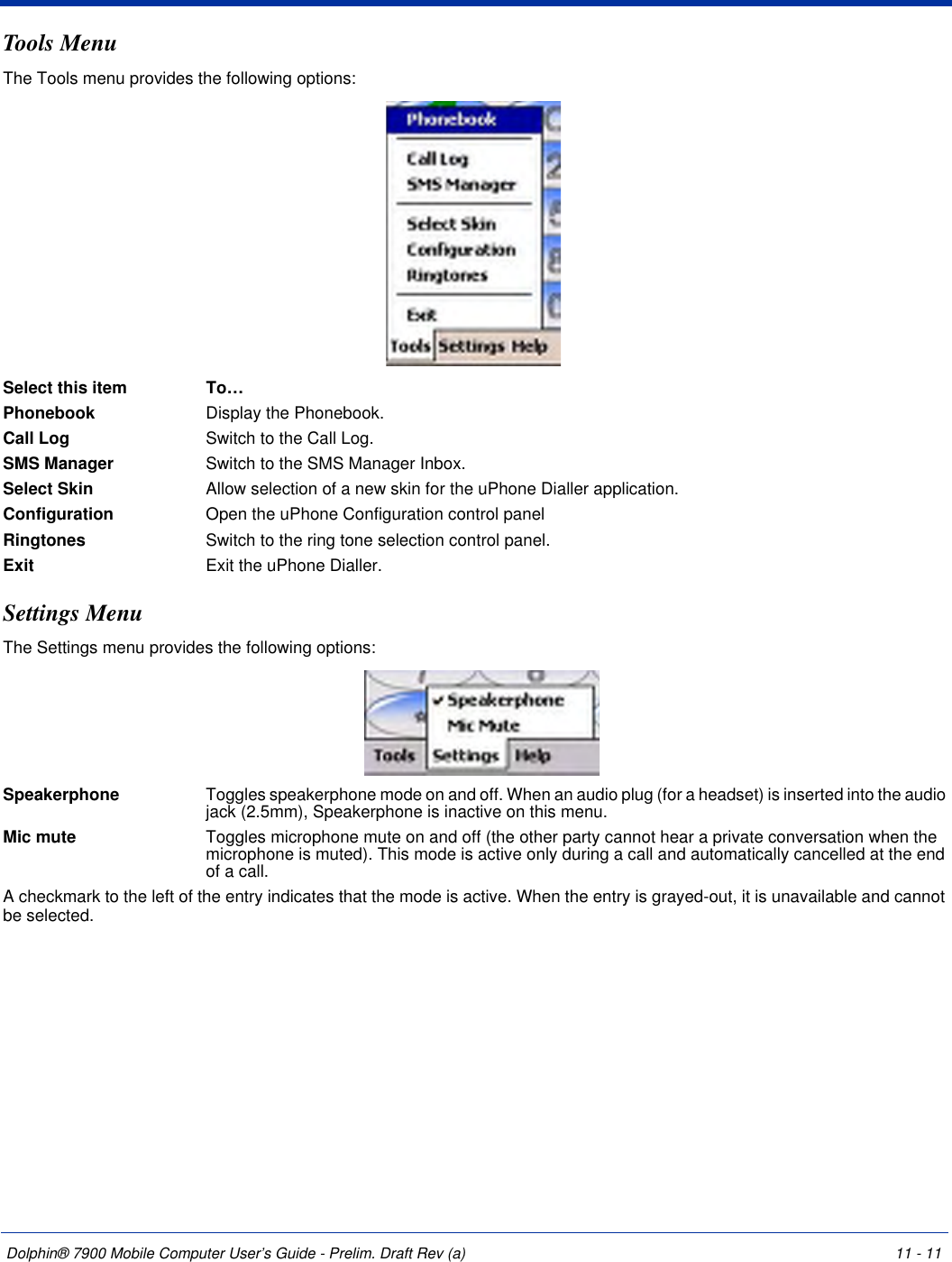 Dolphin® 7900 Mobile Computer User’s Guide - Prelim. Draft Rev (a) 11 - 11Tools MenuThe Tools menu provides the following options: Select this item To…Phonebook Display the Phonebook.Call Log Switch to the Call Log.SMS Manager Switch to the SMS Manager Inbox.Select Skin Allow selection of a new skin for the uPhone Dialler application.Configuration Open the uPhone Configuration control panelRingtones Switch to the ring tone selection control panel.Exit Exit the uPhone Dialler.Settings MenuThe Settings menu provides the following options: Speakerphone Toggles speakerphone mode on and off. When an audio plug (for a headset) is inserted into the audio jack (2.5mm), Speakerphone is inactive on this menu.Mic mute Toggles microphone mute on and off (the other party cannot hear a private conversation when the microphone is muted). This mode is active only during a call and automatically cancelled at the end of a call.A checkmark to the left of the entry indicates that the mode is active. When the entry is grayed-out, it is unavailable and cannot be selected. 
