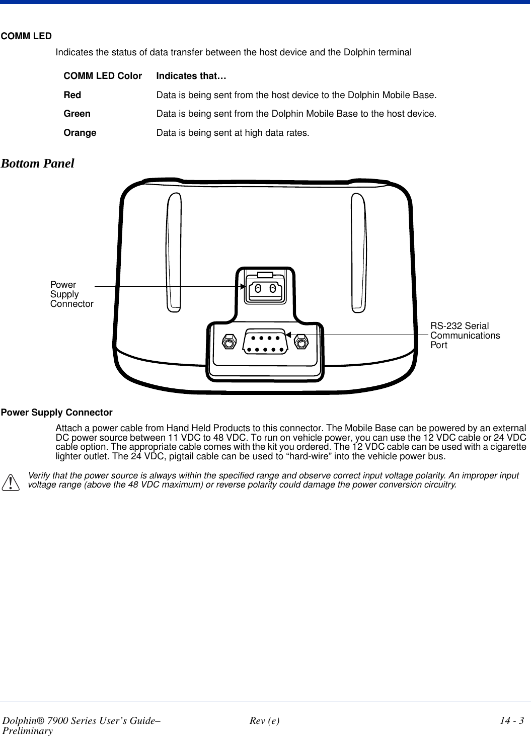 Dolphin® 7900 Series User’s Guide–Preliminary  Rev (e) 14 - 3COMM LED Indicates the status of data transfer between the host device and the Dolphin terminalCOMM LED Color Indicates that…Red  Data is being sent from the host device to the Dolphin Mobile Base.Green  Data is being sent from the Dolphin Mobile Base to the host device.Orange  Data is being sent at high data rates.Bottom PanelRS-232 Serial Communications PortPower Supply ConnectorPower Supply ConnectorAttach a power cable from Hand Held Products to this connector. The Mobile Base can be powered by an external DC power source between 11 VDC to 48 VDC. To run on vehicle power, you can use the 12 VDC cable or 24 VDC cable option. The appropriate cable comes with the kit you ordered. The 12 VDC cable can be used with a cigarette lighter outlet. The 24 VDC, pigtail cable can be used to “hard-wire” into the vehicle power bus.Verify that the power source is always within the specified range and observe correct input voltage polarity. An improper input voltage range (above the 48 VDC maximum) or reverse polarity could damage the power conversion circuitry.!