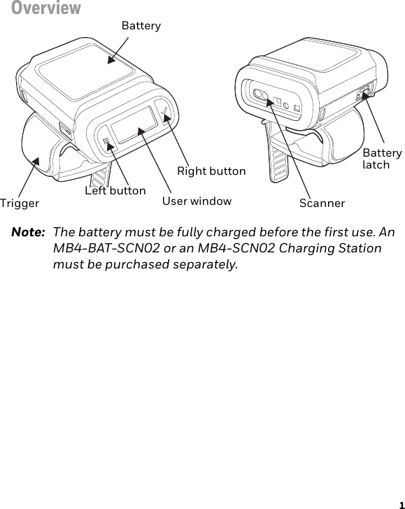 1OverviewNote: The battery must be fully charged before the first use. An MB4-BAT-SCN02 or an MB4-SCN02 Charging Station must be purchased separately.BatteryRight buttonLeft buttonTrigger ScannerUser windowBattery latch