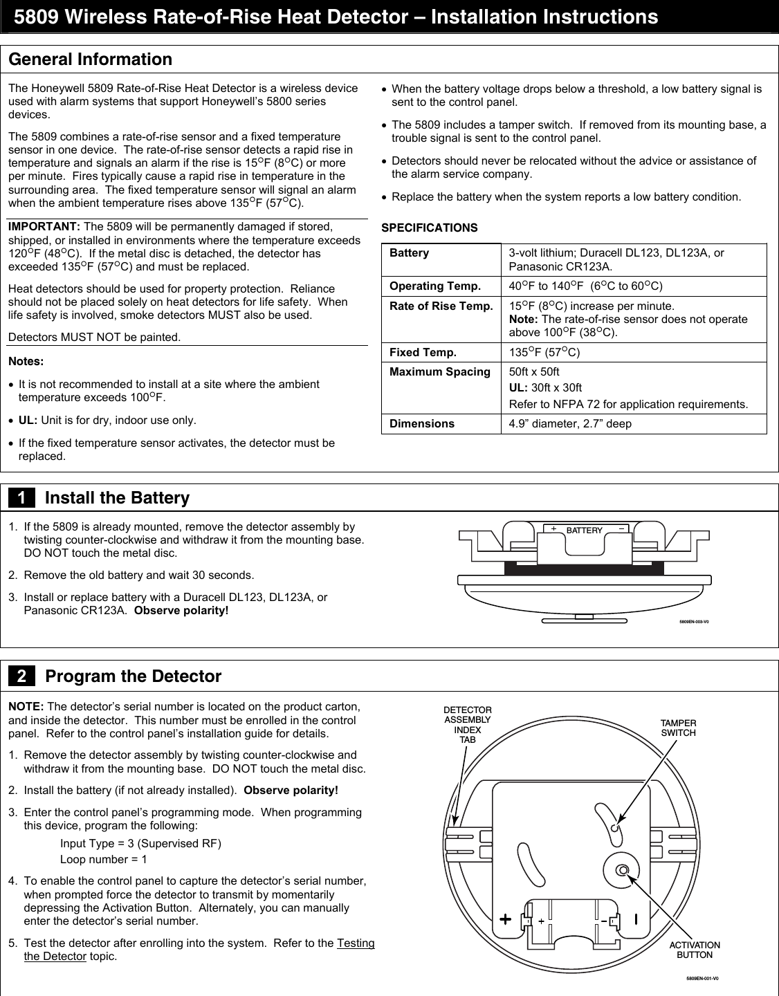 honeywell-8dl5809xt-wireless-rate-of-rise-heat-detector-user-manual-5809-wireless-rate-of-rise