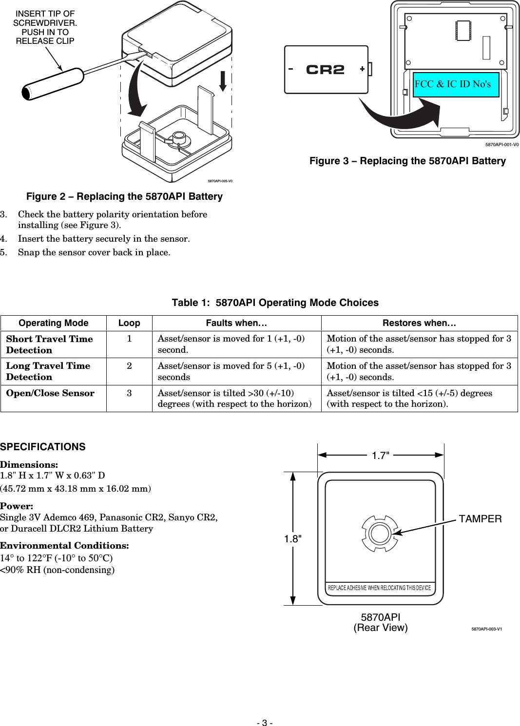  - 3 - 5870API-005-V0INSERT TIP OFSCREWDRIVER.PUSH IN TORELEASE CLIP Figure 2 – Replacing the 5870API Battery 3.  Check the battery polarity orientation before installing (see Figure 3). 4.  Insert the battery securely in the sensor. 5.  Snap the sensor cover back in place. 5870API-001-V0 Figure 3 – Replacing the 5870API Battery   Table 1:  5870API Operating Mode Choices   SPECIFICATIONS Dimensions: 1.8&quot; H x 1.7&quot; W x 0.63&quot; D  (45.72 mm x 43.18 mm x 16.02 mm) Power: Single 3V Ademco 469, Panasonic CR2, Sanyo CR2,  or Duracell DLCR2 Lithium Battery Environmental Conditions: 14° to 122°F (-10° to 50°C) &lt;90% RH (non-condensing) 5870API-003-V15870API(Rear View)1.8&quot;1.7&quot;TAMPER Operating Mode  Loop  Faults when…  Restores when… Short Travel Time Detection 1  Asset/sensor is moved for 1 (+1, -0) second. Motion of the asset/sensor has stopped for 3 (+1, -0) seconds. Long Travel Time Detection 2  Asset/sensor is moved for 5 (+1, -0) seconds Motion of the asset/sensor has stopped for 3 (+1, -0) seconds. Open/Close Sensor 3  Asset/sensor is tilted &gt;30 (+/-10) degrees (with respect to the horizon) Asset/sensor is tilted &lt;15 (+/-5) degrees (with respect to the horizon). FCC &amp; IC ID No&apos;s