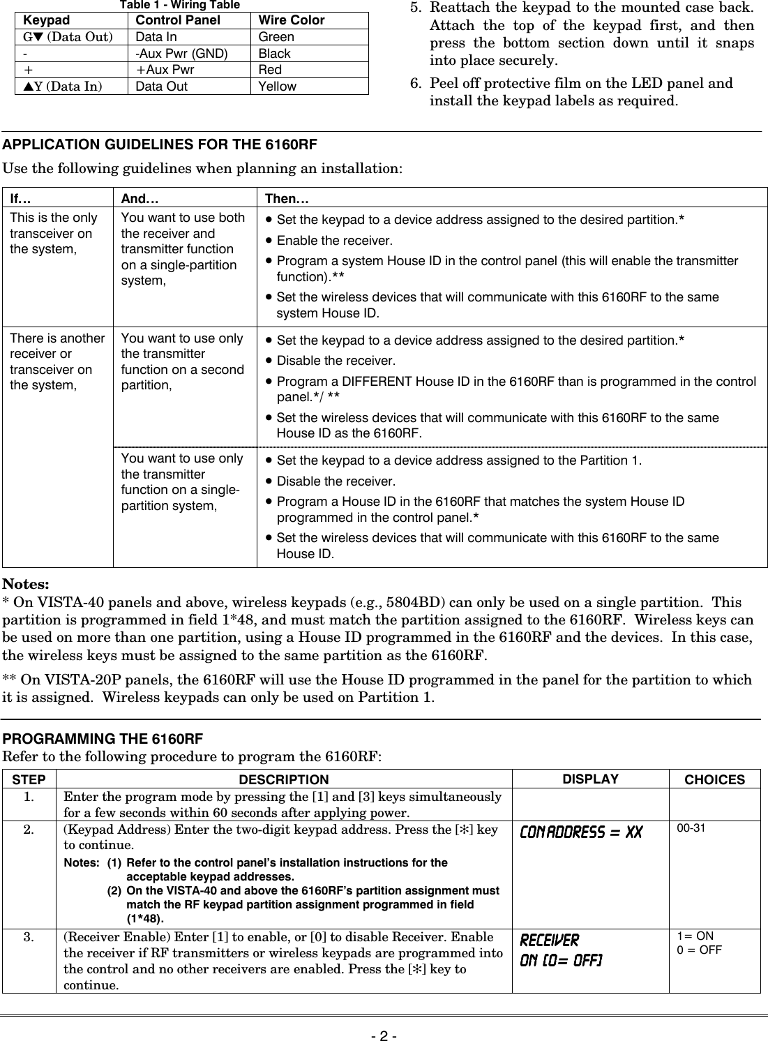   - 2 - Table 1 - Wiring Table Keypad Control Panel Wire Color G▼ (Data Out) Data In Green - -Aux Pwr (GND) Black + +Aux Pwr Red ▲Y (Data In) Data Out Yellow  5. Reattach the keypad to the mounted case back. Attach the top of the keypad first, and then press the bottom section down until it snaps into place securely. 6.  Peel off protective film on the LED panel and install the keypad labels as required.   APPLICATION GUIDELINES FOR THE 6160RF Use the following guidelines when planning an installation:  If&hellip; And&hellip; Then&hellip; This is the only transceiver on the system, You want to use both the receiver and transmitter function on a single-partition system, &bull; Set the keypad to a device address assigned to the desired partition.* &bull; Enable the receiver. &bull; Program a system House ID in the control panel (this will enable the transmitter function).** &bull; Set the wireless devices that will communicate with this 6160RF to the same system House ID. You want to use only the transmitter function on a second partition, &bull; Set the keypad to a device address assigned to the desired partition.* &bull; Disable the receiver. &bull; Program a DIFFERENT House ID in the 6160RF than is programmed in the control panel.*/ ** &bull; Set the wireless devices that will communicate with this 6160RF to the same House ID as the 6160RF. There is another receiver or transceiver on the system,  You want to use only the transmitter function on a single-partition system, &bull; Set the keypad to a device address assigned to the Partition 1. &bull; Disable the receiver. &bull; Program a House ID in the 6160RF that matches the system House ID programmed in the control panel.*  &bull; Set the wireless devices that will communicate with this 6160RF to the same House ID.  Notes: * On VISTA-40 panels and above, wireless keypads (e.g., 5804BD) can only be used on a single partition.  This partition is programmed in field 1*48, and must match the partition assigned to the 6160RF.  Wireless keys can be used on more than one partition, using a House ID programmed in the 6160RF and the devices.  In this case, the wireless keys must be assigned to the same partition as the 6160RF.  ** On VISTA-20P panels, the 6160RF will use the House ID programmed in the panel for the partition to which it is assigned.  Wireless keypads can only be used on Partition 1.  PROGRAMMING THE 6160RF  Refer to the following procedure to program the 6160RF:  STEP DESCRIPTION  DISPLAY  CHOICES 1.  Enter the program mode by pressing the [1] and [3] keys simultaneously for a few seconds within 60 seconds after applying power.      2.  (Keypad Address) Enter the two-digit keypad address. Press the [✻] key to continue. Notes:  (1)  Refer to the control panel&rsquo;s installation instructions for the acceptable keypad addresses.     (2) On the VISTA-40 and above the 6160RF&rsquo;s partition assignment must match the RF keypad partition assignment programmed in field (1*48). CON ADDRESS  CON ADDRESS  CON ADDRESS  CON ADDRESS  =  XX XX XX XX    00-31 3.  (Receiver Enable) Enter [1] to enable, or [0] to disable Receiver. Enable the receiver if RF transmitters or wireless keypads are programmed into the control and no other receivers are enabled. Press the [✻] key to continue. RECEIVERRECEIVERRECEIVERRECEIVER    ON   [0ON   [0ON   [0ON   [0=  OFF] OFF] OFF] OFF] 1= ON 0 = OFF  