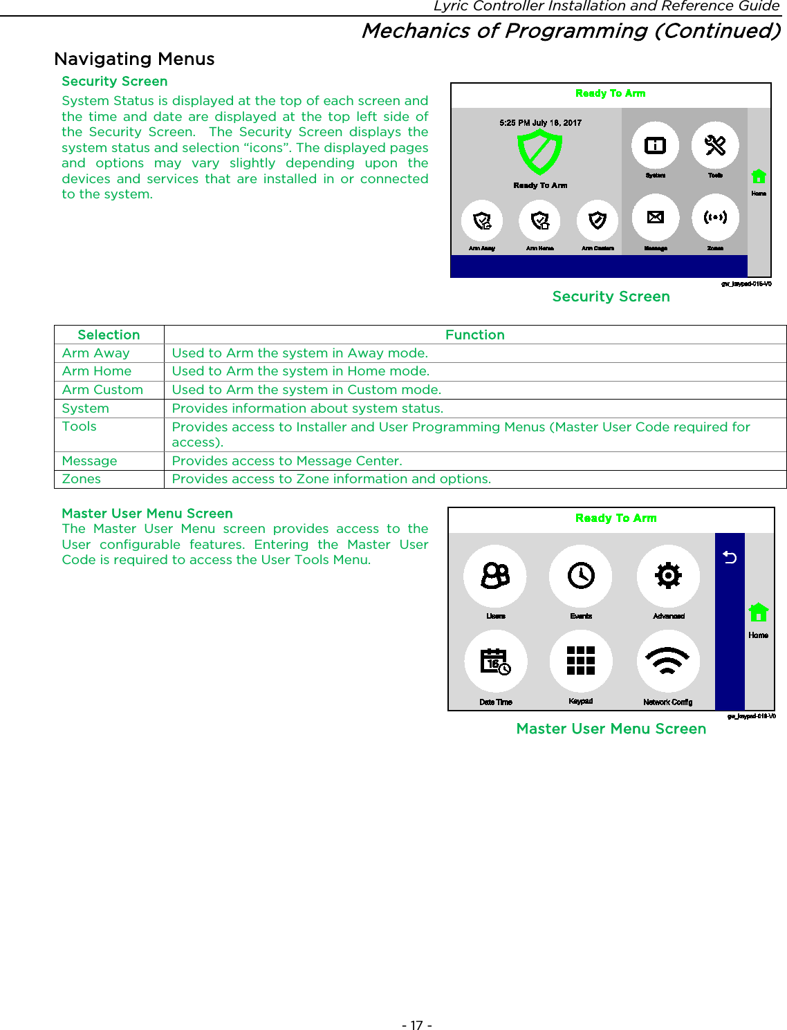 Lyric Controller Installation and Reference Guide  - 17 - Mechanics of Programming (Continued) Navigating Menus Security Screen System Status is displayed at the top of each screen and the  time and date are displayed at the top left side of the  Security Screen.   The Security Screen displays the system status and selection “icons”. The displayed pages and options may vary slightly depending upon the devices  and  services  that are installed in or connected to the system.   Security Screen  Selection Function Arm Away Used to Arm the system in Away mode. Arm Home Used to Arm the system in Home mode. Arm Custom Used to Arm the system in Custom mode. System Provides information about system status. Tools Provides access to Installer and User Programming Menus (Master User Code required for access). Message Provides access to Message Center. Zones Provides access to Zone information and options.   Master User Menu Screen The  Master  User  Menu  screen provides access to the User configurable features. Entering the Master User Code is required to access the User Tools Menu.   Master User Menu Screen  