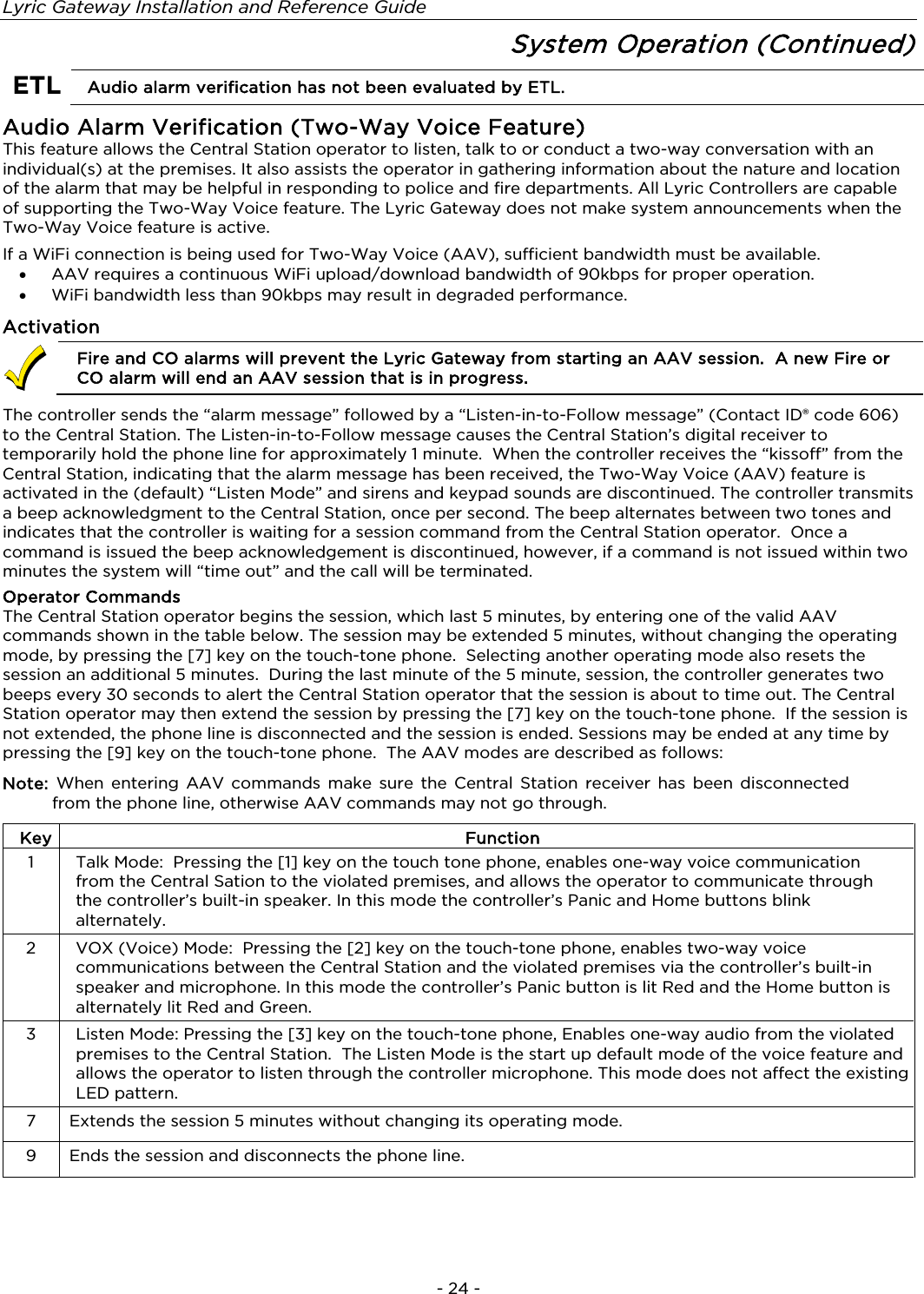 Lyric Gateway Installation and Reference Guide  - 24 - System Operation (Continued)  ETL Audio alarm verification has not been evaluated by ETL.  Audio Alarm Verification (Two-Way Voice Feature) This feature allows the Central Station operator to listen, talk to or conduct a two-way conversation with an individual(s) at the premises. It also assists the operator in gathering information about the nature and location of the alarm that may be helpful in responding to police and fire departments. All Lyric Controllers are capable of supporting the Two-Way Voice feature. The Lyric Gateway does not make system announcements when the Two-Way Voice feature is active.  If a WiFi connection is being used for Two-Way Voice (AAV), sufficient bandwidth must be available. •  AAV requires a continuous WiFi upload/download bandwidth of 90kbps for proper operation.  •  WiFi bandwidth less than 90kbps may result in degraded performance. Activation  Fire and CO alarms will prevent the Lyric Gateway from starting an AAV session.  A new Fire or CO alarm will end an AAV session that is in progress.  The controller sends the “alarm message” followed by a “Listen-in-to-Follow message” (Contact ID® code 606) to the Central Station. The Listen-in-to-Follow message causes the Central Station’s digital receiver to temporarily hold the phone line for approximately 1 minute.  When the controller receives the “kissoff” from the Central Station, indicating that the alarm message has been received, the Two-Way Voice (AAV) feature is activated in the (default) “Listen Mode” and sirens and keypad sounds are discontinued. The controller transmits a beep acknowledgment to the Central Station, once per second. The beep alternates between two tones and indicates that the controller is waiting for a session command from the Central Station operator.  Once a command is issued the beep acknowledgement is discontinued, however, if a command is not issued within two minutes the system will “time out” and the call will be terminated. Operator Commands  The Central Station operator begins the session, which last 5 minutes, by entering one of the valid AAV commands shown in the table below. The session may be extended 5 minutes, without changing the operating mode, by pressing the [7] key on the touch-tone phone.  Selecting another operating mode also resets the session an additional 5 minutes.  During the last minute of the 5 minute, session, the controller generates two beeps every 30 seconds to alert the Central Station operator that the session is about to time out. The Central Station operator may then extend the session by pressing the [7] key on the touch-tone phone.  If the session is not extended, the phone line is disconnected and the session is ended. Sessions may be ended at any time by pressing the [9] key on the touch-tone phone.  The AAV modes are described as follows:   Note:  When entering AAV commands make sure the Central Station receiver has been disconnected from the phone line, otherwise AAV commands may not go through.   Key Function 1 Talk Mode:  Pressing the [1] key on the touch tone phone, enables one-way voice communication from the Central Sation to the violated premises, and allows the operator to communicate through the controller’s built-in speaker. In this mode the controller’s Panic and Home buttons blink alternately. 2 VOX (Voice) Mode:  Pressing the [2] key on the touch-tone phone, enables two-way voice communications between the Central Station and the violated premises via the controller’s built-in speaker and microphone. In this mode the controller’s Panic button is lit Red and the Home button is alternately lit Red and Green. 3 Listen Mode: Pressing the [3] key on the touch-tone phone, Enables one-way audio from the violated premises to the Central Station.  The Listen Mode is the start up default mode of the voice feature and allows the operator to listen through the controller microphone. This mode does not affect the existing LED pattern. 7 Extends the session 5 minutes without changing its operating mode. 9 Ends the session and disconnects the phone line. 