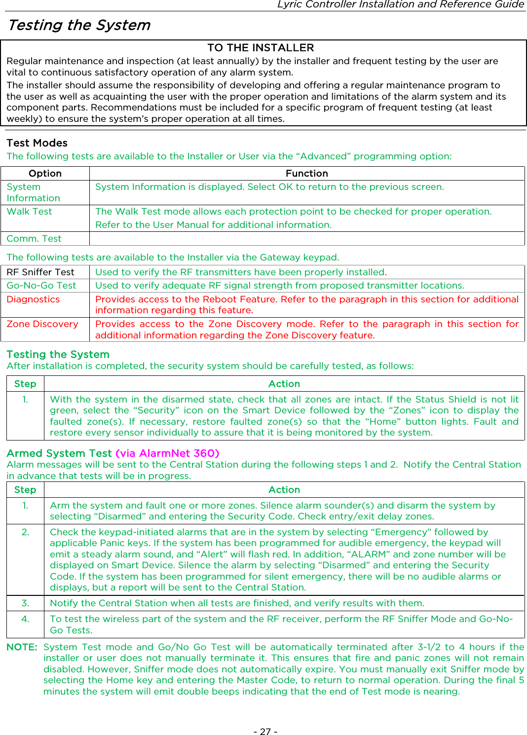 Lyric Controller Installation and Reference Guide   - 27 - Testing the System TO THE INSTALLER Regular maintenance and inspection (at least annually) by the installer and frequent testing by the user are vital to continuous satisfactory operation of any alarm system. The installer should assume the responsibility of developing and offering a regular maintenance program to the user as well as acquainting the user with the proper operation and limitations of the alarm system and its component parts. Recommendations must be included for a specific program of frequent testing (at least weekly) to ensure the system’s proper operation at all times.   Test Modes The following tests are available to the Installer or User via the “Advanced” programming option: Option Function System Information System Information is displayed. Select OK to return to the previous screen. Walk Test The Walk Test mode allows each protection point to be checked for proper operation. Refer to the User Manual for additional information. Comm. Test  The following tests are available to the Installer via the Gateway keypad. RF Sniffer Test Used to verify the RF transmitters have been properly installed. Go-No-Go Test Used to verify adequate RF signal strength from proposed transmitter locations. Diagnostics Provides access to the Reboot Feature. Refer to the paragraph in this section for additional information regarding this feature. Zone Discovery Provides access to the Zone Discovery mode. Refer to the paragraph in this section for additional information regarding the Zone Discovery feature. Testing the System After installation is completed, the security system should be carefully tested, as follows: Step Action 1. With the system in the disarmed state, check that all zones are intact. If the Status Shield is not lit green, select the “Security” icon on the Smart Device followed by the “Zones” icon to display the faulted zone(s). If necessary, restore faulted zone(s) so that the “Home” button lights. Fault and restore every sensor individually to assure that it is being monitored by the system. Armed System Test (via AlarmNet 360) Alarm messages will be sent to the Central Station during the following steps 1 and 2.  Notify the Central Station in advance that tests will be in progress. Step Action 1. Arm the system and fault one or more zones. Silence alarm sounder(s) and disarm the system by selecting “Disarmed” and entering the Security Code. Check entry/exit delay zones. 2. Check the keypad-initiated alarms that are in the system by selecting “Emergency” followed by applicable Panic keys. If the system has been programmed for audible emergency, the keypad will emit a steady alarm sound, and “Alert” will flash red. In addition, “ALARM” and zone number will be displayed on Smart Device. Silence the alarm by selecting “Disarmed” and entering the Security Code. If the system has been programmed for silent emergency, there will be no audible alarms or displays, but a report will be sent to the Central Station. 3.  Notify the Central Station when all tests are finished, and verify results with them. 4. To test the wireless part of the system and the RF receiver, perform the RF Sniffer Mode and Go-No-Go Tests. NOTE:  System Test mode and Go/No Go Test will be automatically terminated after 3-1/2 to 4 hours if the installer or user does not manually terminate it. This ensures that fire and panic zones will not remain disabled. However, Sniffer mode does not automatically expire. You must manually exit Sniffer mode by selecting the Home key and entering the Master Code, to return to normal operation. During the final 5 minutes the system will emit double beeps indicating that the end of Test mode is nearing. 