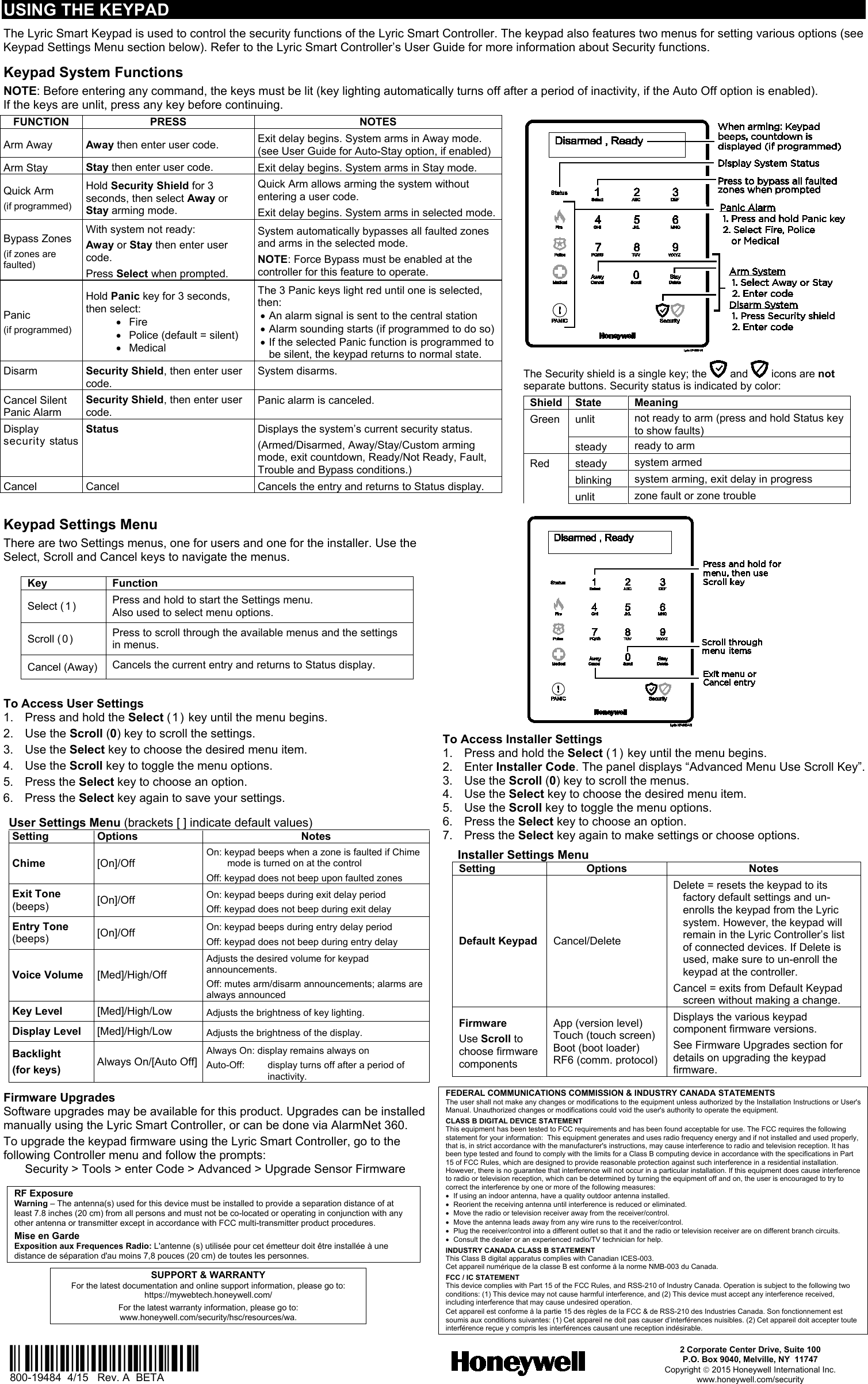 Honeywell 8DLLKP500 Lyric Smart Peripheral Wireless Keypad User Manual