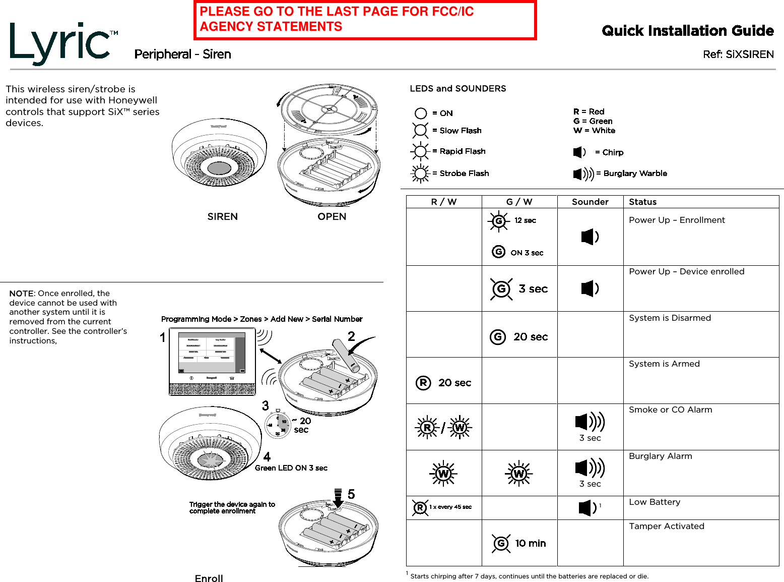    This wireless siren/strobe is intended for use with Honeywell controls that support SiX™ series devices. FC: This wireless siren/strobe is intended for use with Honeywell controls that support SiX™ series devices. SP This wireless siren/strobe is intended for use with Honeywell controls that support SiX™ series devices. PA: This wireless siren/strobe is intended for use with Honeywell controls that support SiX™ series devices.   SIREN OPEN /      OPEN / OPEN NOTE: Once enrolled, the device cannot be used with another system until it is removed from the current controller. See the controller’s instructions,  FC: NOTE: Once enrolled, the device cannot be used with another system until it is removed from the current controller. See the controller’s instructions, SP: NOTE: Once enrolled, the device cannot be used with another system until it is removed from the current controller. See the controller’s instructions, PA: NOTE: Once enrolled, the device cannot be used with another system until it is removed from the current controller. See the controller’s instructions.   Enroll / Enroll / Enroll / Enroll LEDS and SOUNDERS / LEDS and SOUNDERS / LEDS and SOUNDERS / LEDS and SOUNDERS    R / W G / W Sounder Status    Power Up – Enrollment / Power Up – Enrollment /  Power Up – Enrollment / Power Up – Enrollment    Power Up – Device enrolled /  Power Up – Device enrolled / Power Up – Device enrolled/ Power Up – Device enrolled    System is Disarmed /  System is Disarmed / System is Disarmed / System is Disarmed     System is Armed /  System is Armed / System is Armed / System is Armed    3 sec Smoke or CO Alarm / Smoke or CO Alarm / Smoke or CO Alarm / Smoke or CO Alarm     3 sec Burglary Alarm / Burglary Alarm / Burglary Alarm / Burglary Alarm     1 Low Battery / Low Battery / Low Battery / Low Battery     Tamper Activated /  Tamper Activated /  Tamper Activated /  Tamper Activated  1 Starts chirping after 7 days, continues until the batteries are replaced or die. / Starts chirping after 7 days, continues until the batteries are replaced or die / Starts chirping after 7 days, continues until the batteries are replaced or die / Starts chirping after 7 days, continues until the batteries are replaced or die PLEASE GO TO THE LAST PAGE FOR FCC/IC AGENCY STATEMENTS