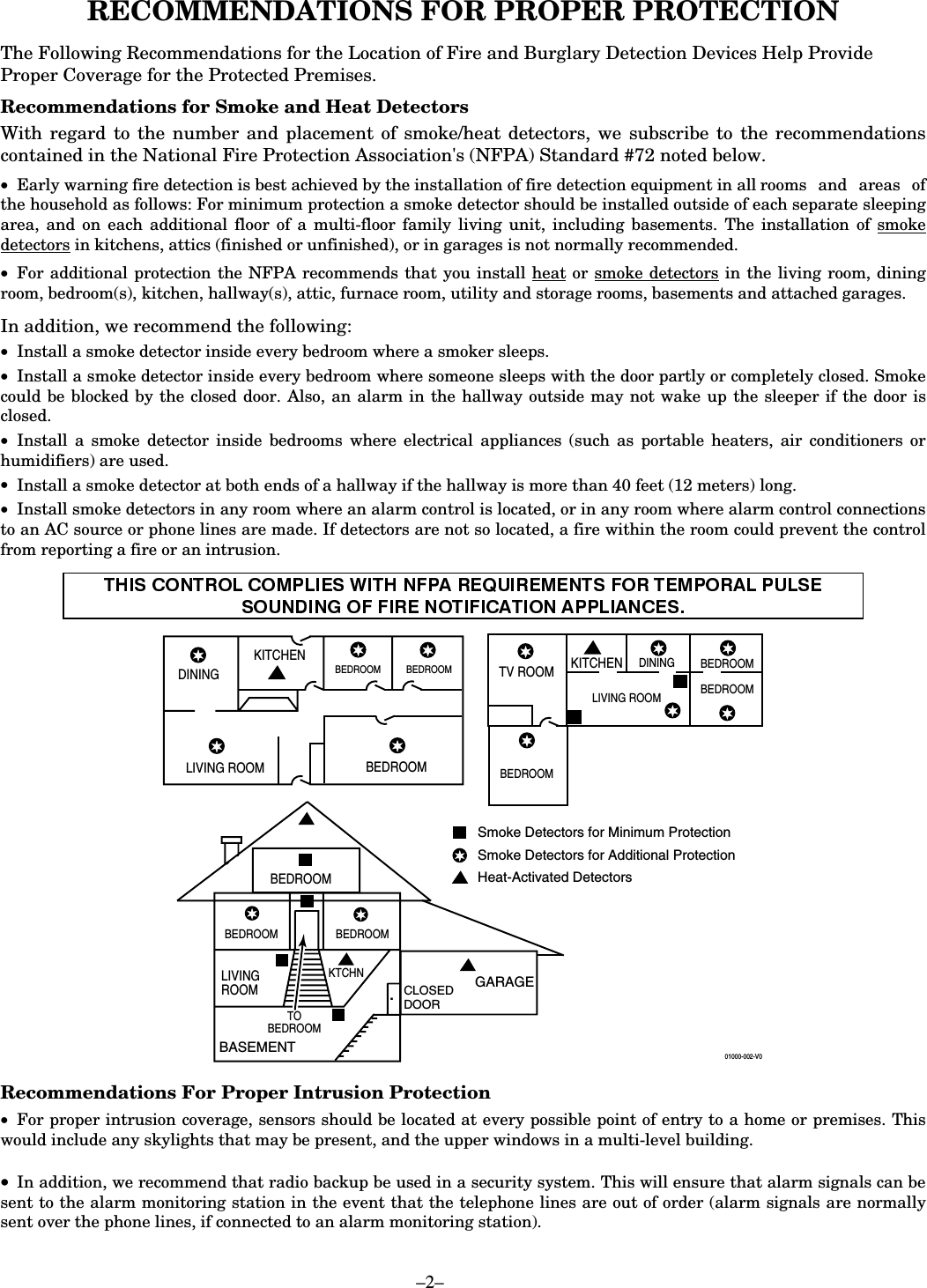 –2–  RECOMMENDATIONS FOR PROPER PROTECTION  The Following Recommendations for the Location of Fire and Burglary Detection Devices Help Provide Proper Coverage for the Protected Premises. Recommendations for Smoke and Heat Detectors With regard to the number and placement of smoke/heat detectors, we subscribe to the recommendations contained in the National Fire Protection Association&apos;s (NFPA) Standard #72 noted below. •  Early warning fire detection is best achieved by the installation of fire detection equipment in all rooms  and  areas  of the household as follows: For minimum protection a smoke detector should be installed outside of each separate sleeping area, and on each additional floor of a multi-floor family living unit, including basements. The installation of smoke detectors in kitchens, attics (finished or unfinished), or in garages is not normally recommended.  •  For additional protection the NFPA recommends that you install heat or smoke detectors in the living room, dining room, bedroom(s), kitchen, hallway(s), attic, furnace room, utility and storage rooms, basements and attached garages.  In addition, we recommend the following: •  Install a smoke detector inside every bedroom where a smoker sleeps. •  Install a smoke detector inside every bedroom where someone sleeps with the door partly or completely closed. Smoke could be blocked by the closed door. Also, an alarm in the hallway outside may not wake up the sleeper if the door is closed. •  Install a smoke detector inside bedrooms where electrical appliances (such as portable heaters, air conditioners or humidifiers) are used. •  Install a smoke detector at both ends of a hallway if the hallway is more than 40 feet (12 meters) long. •  Install smoke detectors in any room where an alarm control is located, or in any room where alarm control connections to an AC source or phone lines are made. If detectors are not so located, a fire within the room could prevent the control from reporting a fire or an intrusion.   DINING KITCHENBEDROOMBEDROOM.Smoke Detectors for Minimum ProtectionSmoke Detectors for Additional ProtectionHeat-Activated DetectorsBEDROOMBEDROOMBEDROOMBEDROOMLIVINGROOMTV ROOMDININGLIVING ROOMLIVING ROOMBASEMENTBEDROOMBEDROOMBEDROOMCLOSEDDOORGARAGEKTCHNKITCHENTOBEDROOM01000-002-V0  Recommendations For Proper Intrusion Protection •  For proper intrusion coverage, sensors should be located at every possible point of entry to a home or premises. This would include any skylights that may be present, and the upper windows in a multi-level building.  •  In addition, we recommend that radio backup be used in a security system. This will ensure that alarm signals can be sent to the alarm monitoring station in the event that the telephone lines are out of order (alarm signals are normally sent over the phone lines, if connected to an alarm monitoring station).  