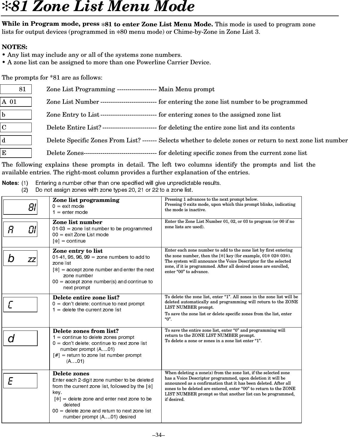  –34– ✻81 Zone List Menu Mode  While in Program mode, press ✻81 to enter Zone List Menu Mode. This mode is used to program zone lists for output devices (programmed in ✻80 menu mode) or Chime-by-Zone in Zone List 3.  NOTES: • Any list may include any or all of the systems zone numbers. • A zone list can be assigned to more than one Powerline Carrier Device.  The prompts for *81 are as follows:            81  Zone List Programming ------------------- Main Menu prompt  A  01  Zone List Number --------------------------- for entering the zone list number to be programmed  b   Zone Entry to List --------------------------- for entering zones to the assigned zone list  C  Delete Entire List? -------------------------- for deleting the entire zone list and its contents  d  Delete Specific Zones From List? ------- Selects whether to delete zones or return to next zone list number  E  Delete Zones----------------------------------- for deleting specific zones from the current zone list  The following explains these prompts in detail. The left two columns identify the prompts and list the available entries. The right-most column provides a further explanation of the entries.    - Zone list programming  Pressing 1 advances to the next prompt below. Pressing 0 exits mode, upon which this prompt blinks, indicating the mode is inactive.   % - Zone list number ✻ Enter the Zone List Number 01, 02, or 03 to program (or 00 if no zone lists are used).   E]]Zone entry to list ✻ Enter each zone number to add to the zone list by first entering the zone number, then the [✻] key (for example, 01✻ 02✻ 03✻).  The system will announce the Voice Descriptor for the selected zone, if it is programmed. After all desired zones are enrolled, enter “00” to advance.    &apos;  Delete entire zone list?  To delete the zone list, enter “1”. All zones in the zone list will be deleted automatically and programming will return to the ZONE LIST NUMBER prompt. To save the zone list or delete specific zones from the list, enter “0”.   G Delete zones from list?   To save the entire zone list, enter “0” and programming will return to the ZONE LIST NUMBER prompt. To delete a zone or zones in a zone list enter “1”.  )  Delete zones ✻✻ When deleting a zone(s) from the zone list, if the selected zone has a Voice Descriptor programmed, upon deletion it will be announced as a confirmation that it has been deleted. After all zones to be deleted are entered, enter “00” to return to the ZONE LIST NUMBER prompt so that another list can be programmed, if desired.   