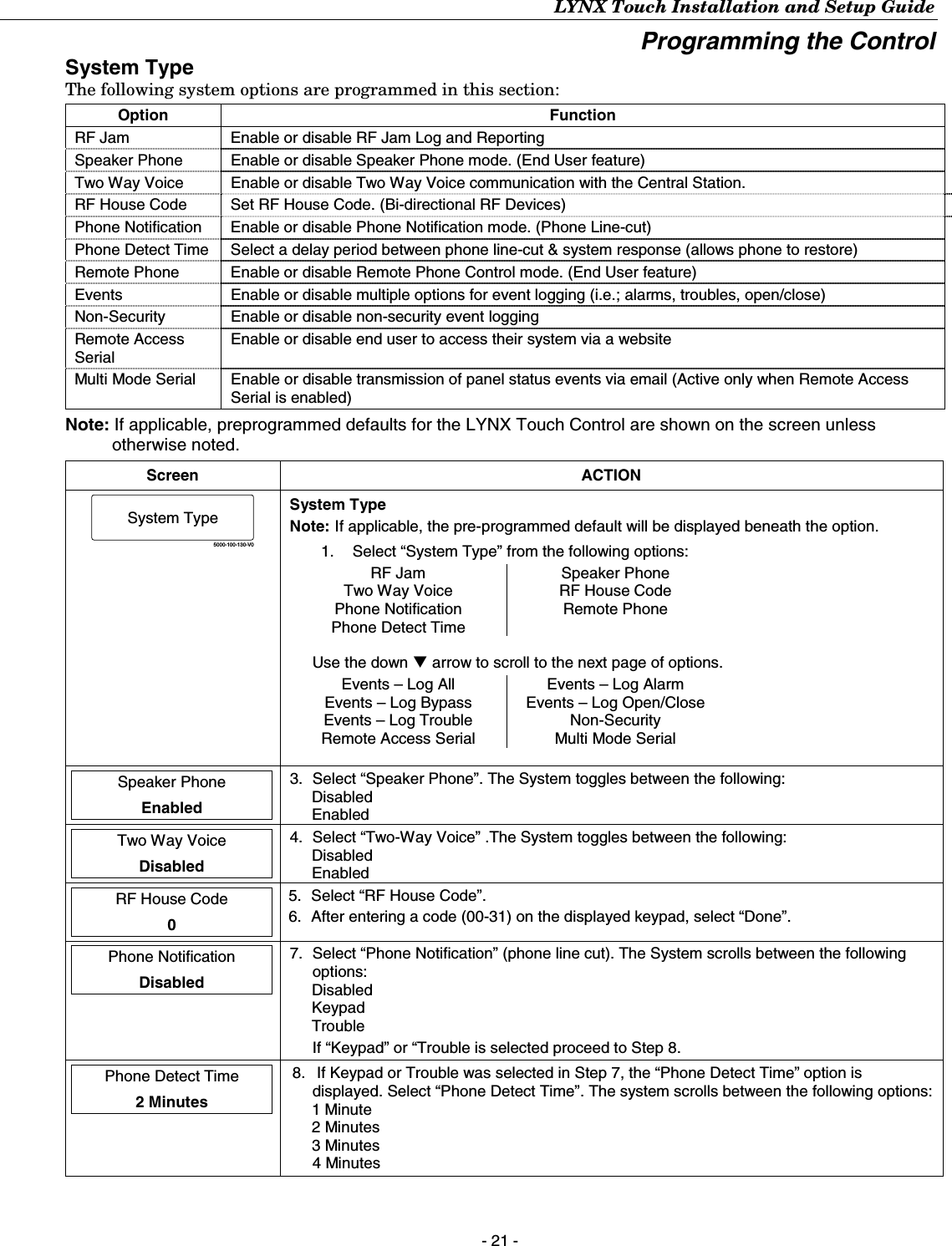 LYNX Touch Installation and Setup Guide - 21 - Programming the Control System Type The following system options are programmed in this section: Option Function RF Jam  Enable or disable RF Jam Log and Reporting Speaker Phone  Enable or disable Speaker Phone mode. (End User feature) Two Way Voice  Enable or disable Two Way Voice communication with the Central Station. RF House Code   Set RF House Code. (Bi-directional RF Devices) Phone Notification  Enable or disable Phone Notification mode. (Phone Line-cut) Phone Detect Time  Select a delay period between phone line-cut &amp; system response (allows phone to restore) Remote Phone   Enable or disable Remote Phone Control mode. (End User feature) Events   Enable or disable multiple options for event logging (i.e.; alarms, troubles, open/close) Non-Security  Enable or disable non-security event logging Remote Access Serial Enable or disable end user to access their system via a website Multi Mode Serial  Enable or disable transmission of panel status events via email (Active only when Remote Access Serial is enabled) Note: If applicable, preprogrammed defaults for the LYNX Touch Control are shown on the screen unless otherwise noted.  Screen ACTION 5000-100-130-V0System Type System Type Note: If applicable, the pre-programmed default will be displayed beneath the option. 1.  Select “System Type” from the following options: RF Jam  Speaker Phone Two Way Voice  RF House Code Phone Notification  Remote Phone Phone Detect Time    Use the down T arrow to scroll to the next page of options. Events – Log All  Events – Log Alarm Events – Log Bypass  Events – Log Open/Close Events – Log Trouble  Non-Security Remote Access Serial  Multi Mode Serial   Speaker Phone  Enabled  3.  Select “Speaker Phone”. The System toggles between the following: Disabled Enabled  Two Way Voice  Disabled  4.  Select “Two-Way Voice” .The System toggles between the following: Disabled Enabled  RF House Code  0  5.  Select “RF House Code”.   6.  After entering a code (00-31) on the displayed keypad, select “Done”.  Phone Notification  Disabled  7.  Select “Phone Notification” (phone line cut). The System scrolls between the following options: Disabled Keypad Trouble If “Keypad” or “Trouble is selected proceed to Step 8.  Phone Detect Time  2 Minutes  8.   If Keypad or Trouble was selected in Step 7, the “Phone Detect Time” option is displayed. Select “Phone Detect Time”. The system scrolls between the following options: 1 Minute 2 Minutes 3 Minutes 4 Minutes  