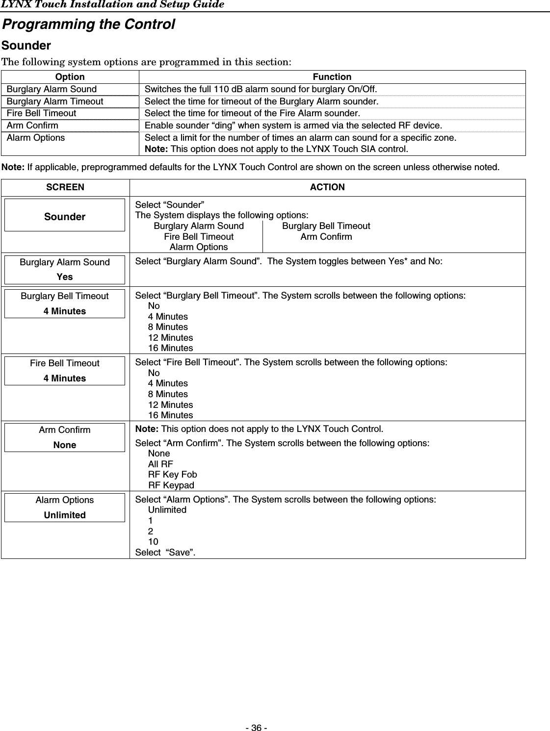 LYNX Touch Installation and Setup Guide  - 36 - Programming the Control Sounder The following system options are programmed in this section:  Option Function Burglary Alarm Sound  Switches the full 110 dB alarm sound for burglary On/Off. Burglary Alarm Timeout  Select the time for timeout of the Burglary Alarm sounder. Fire Bell Timeout  Select the time for timeout of the Fire Alarm sounder. Arm Confirm  Enable sounder “ding” when system is armed via the selected RF device. Alarm Options  Select a limit for the number of times an alarm can sound for a specific zone.  Note: This option does not apply to the LYNX Touch SIA control. Note: If applicable, preprogrammed defaults for the LYNX Touch Control are shown on the screen unless otherwise noted. SCREEN ACTION   Sounder   Select “Sounder” The System displays the following options: Burglary Alarm Sound  Burglary Bell Timeout Fire Bell Timeout  Arm Confirm Alarm Options     Burglary Alarm Sound  Yes  Select “Burglary Alarm Sound”.  The System toggles between Yes* and No:   Burglary Bell Timeout  4 Minutes  Select “Burglary Bell Timeout”. The System scrolls between the following options: No 4 Minutes 8 Minutes 12 Minutes 16 Minutes  Fire Bell Timeout  4 Minutes  Select “Fire Bell Timeout”. The System scrolls between the following options: No 4 Minutes 8 Minutes 12 Minutes 16 Minutes  Arm Confirm  None  Note: This option does not apply to the LYNX Touch Control. Select “Arm Confirm”. The System scrolls between the following options: None All RF RF Key Fob  RF Keypad   Alarm Options  Unlimited  Select “Alarm Options”. The System scrolls between the following options: Unlimited 1 2 10 Select  “Save”.     