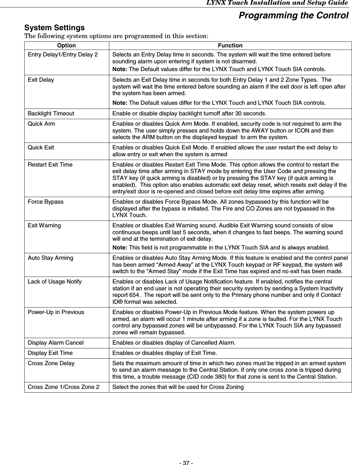 LYNX Touch Installation and Setup Guide - 37 - Programming the Control System Settings The following system options are programmed in this section:  Option Function Entry Delay1/Entry Delay 2  Selects an Entry Delay time in seconds. The system will wait the time entered before sounding alarm upon entering if system is not disarmed.  Note: The Default values differ for the LYNX Touch and LYNX Touch SIA controls. Exit Delay   Selects an Exit Delay time in seconds for both Entry Delay 1 and 2 Zone Types.  The system will wait the time entered before sounding an alarm if the exit door is left open after the system has been armed. Note: The Default values differ for the LYNX Touch and LYNX Touch SIA controls. Backlight Timeout   Enable or disable display backlight turnoff after 30 seconds. Quick Arm   Enables or disables Quick Arm Mode. If enabled, security code is not required to arm the system. The user simply presses and holds down the AWAY button or ICON and then selects the ARM button on the displayed keypad  to arm the system. Quick Exit   Enables or disables Quick Exit Mode. If enabled allows the user restart the exit delay to allow entry or exit when the system is armed Restart Exit Time   Enables or disables Restart Exit Time Mode. This option allows the control to restart the exit delay time after arming in STAY mode by entering the User Code and pressing the STAY key (if quick arming is disabled) or by pressing the STAY key (if quick arming is enabled).  This option also enables automatic exit delay reset, which resets exit delay if the entry/exit door is re-opened and closed before exit delay time expires after arming.  Force Bypass   Enables or disables Force Bypass Mode. All zones bypassed by this function will be displayed after the bypass is initiated. The Fire and CO Zones are not bypassed in the LYNX Touch. Exit Warning   Enables or disables Exit Warning sound. Audible Exit Warning sound consists of slow continuous beeps until last 5 seconds, when it changes to fast beeps. The warning sound will end at the termination of exit delay.  Note: This field is not programmable in the LYNX Touch SIA and is always enabled. Auto Stay Arming   Enables or disables Auto Stay Arming Mode. If this feature is enabled and the control panel has been armed “Armed Away” at the LYNX Touch keypad or RF keypad, the system will switch to the “Armed Stay” mode if the Exit Time has expired and no exit has been made. Lack of Usage Notify   Enables or disables Lack of Usage Notification feature. If enabled, notifies the central station if an end user is not operating their security system by sending a System Inactivity report 654.  The report will be sent only to the Primary phone number and only if Contact ID® format was selected. Power-Up in Previous    Enables or disables Power-Up in Previous Mode feature. When the system powers up armed, an alarm will occur 1 minute after arming if a zone is faulted. For the LYNX Touch control any bypassed zones will be unbypassed. For the LYNX Touch SIA any bypassed zones will remain bypassed. Display Alarm Cancel   Enables or disables display of Cancelled Alarm. Display Exit Time   Enables or disables display of Exit Time. Cross Zone Delay    Sets the maximum amount of time in which two zones must be tripped in an armed system to send an alarm message to the Central Station. If only one cross zone is tripped during this time, a trouble message (CID code 380) for that zone is sent to the Central Station.  Cross Zone 1/Cross Zone 2   Select the zones that will be used for Cross Zoning   