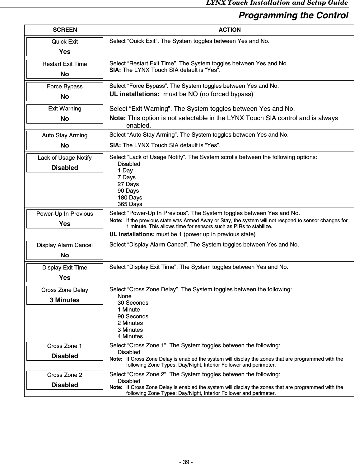 LYNX Touch Installation and Setup Guide - 39 - Programming the Control SCREEN ACTION  Quick Exit  Yes  Select “Quick Exit”. The System toggles between Yes and No.   Restart Exit Time  No  Select “Restart Exit Time”. The System toggles between Yes and No. SIA: The LYNX Touch SIA default is “Yes”.  Force Bypass  No  Select “Force Bypass”. The System toggles between Yes and No. UL installations:  must be NO (no forced bypass)  Exit Warning  No  Select “Exit Warning”. The System toggles between Yes and No. Note: This option is not selectable in the LYNX Touch SIA control and is always enabled.  Auto Stay Arming  No  Select “Auto Stay Arming”. The System toggles between Yes and No. SIA: The LYNX Touch SIA default is “Yes”.  Lack of Usage Notify  Disabled  Select “Lack of Usage Notify”. The System scrolls between the following options: Disabled 1 Day 7 Days 27 Days 90 Days 180 Days 365 Days  Power-Up In Previous  Yes  Select “Power-Up In Previous”. The System toggles between Yes and No. Note:   If the previous state was Armed Away or Stay, the system will not respond to sensor changes for 1 minute. This allows time for sensors such as PIRs to stabilize. UL installations: must be 1 (power up in previous state)  Display Alarm Cancel  No  Select “Display Alarm Cancel”. The System toggles between Yes and No.   Display Exit Time  Yes  Select “Display Exit Time”. The System toggles between Yes and No.   Cross Zone Delay  3 Minutes  Select “Cross Zone Delay”. The System toggles between the following: None 30 Seconds 1 Minute 90 Seconds 2 Minutes 3 Minutes 4 Minutes  Cross Zone 1  Disabled  Select “Cross Zone 1”. The System toggles between the following:  Disabled Note:   If Cross Zone Delay is enabled the system will display the zones that are programmed with the following Zone Types: Day/Night, Interior Follower and perimeter.  Cross Zone 2  Disabled  Select “Cross Zone 2”. The System toggles between the following:  Disabled Note:   If Cross Zone Delay is enabled the system will display the zones that are programmed with the following Zone Types: Day/Night, Interior Follower and perimeter.  