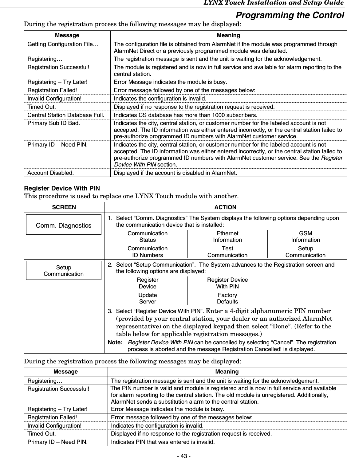 LYNX Touch Installation and Setup Guide - 43 - Programming the Control  During the registration process the following messages may be displayed:  Message Meaning Getting Configuration File…  The configuration file is obtained from AlarmNet if the module was programmed through AlarmNet Direct or a previously programmed module was defaulted. Registering…  The registration message is sent and the unit is waiting for the acknowledgement. Registration Successful!  The module is registered and is now in full service and available for alarm reporting to the central station. Registering – Try Later!  Error Message indicates the module is busy. Registration Failed!  Error message followed by one of the messages below: Invalid Configuration!  Indicates the configuration is invalid. Timed Out.  Displayed if no response to the registration request is received. Central Station Database Full.  Indicates CS database has more than 1000 subscribers. Primary Sub ID Bad.  Indicates the city, central station, or customer number for the labeled account is not accepted. The ID information was either entered incorrectly, or the central station failed to pre-authorize programmed ID numbers with AlarmNet customer service. Primary ID – Need PIN.  Indicates the city, central station, or customer number for the labeled account is not accepted. The ID information was either entered incorrectly, or the central station failed to pre-authorize programmed ID numbers with AlarmNet customer service. See the Register Device With PIN section. Account Disabled.  Displayed if the account is disabled in AlarmNet. Register Device With PIN This procedure is used to replace one LYNX Touch module with another.  SCREEN ACTION   Comm. Diagnostics   1.  Select “Comm. Diagnostics” The System displays the following options depending upon the communication device that is installed: Communication  Status Ethernet Information GSM Information    Communication  ID Numbers Test Communication Setup Communication         Setup Communication  2.  Select “Setup Communication”.  The System advances to the Registration screen and the following options are displayed: Register  Device Register Device With PIN   Update Server Factory Defaults   3.  Select “Register Device With PIN”. Enter a 4-digit alphanumeric PIN number (provided by your central station, your dealer or an authorized AlarmNet representative) on the displayed keypad then select “Done”.  (Refer to the table below for applicable registration messages.) Note:   Register Device With PIN can be cancelled by selecting “Cancel”. The registration process is aborted and the message Registration Cancelled! is displayed. During the registration process the following messages may be displayed: Message Meaning Registering…  The registration message is sent and the unit is waiting for the acknowledgement. Registration Successful!  The PIN number is valid and module is registered and is now in full service and available for alarm reporting to the central station. The old module is unregistered. Additionally, AlarmNet sends a substitution alarm to the central station. Registering – Try Later!  Error Message indicates the module is busy. Registration Failed!  Error message followed by one of the messages below: Invalid Configuration!  Indicates the configuration is invalid. Timed Out.  Displayed if no response to the registration request is received. Primary ID – Need PIN.  Indicates PIN that was entered is invalid. 