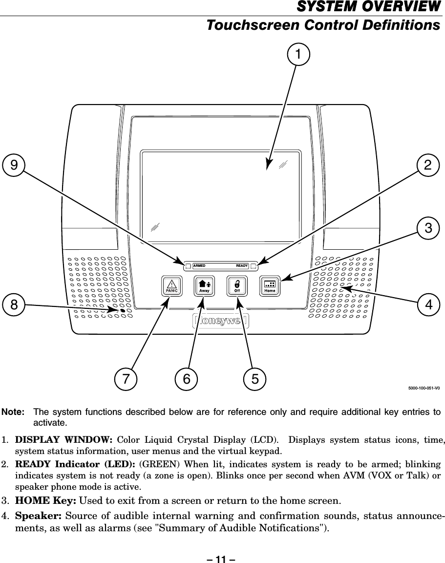 – 11 – SYSTEM OVERVIEWSYSTEM OVERVIEWSYSTEM OVERVIEWSYSTEM OVERVIEW    Touchscreen Control Definitions  5000-100-051-V0ARMED READY1297 6 58 43  Note:   The system functions described below are for reference only and require additional key entries to activate. 1.  DISPLAY WINDOW: Color Liquid Crystal Display (LCD).  Displays system status icons, time, system status information, user menus and the virtual keypad.  2.  READY Indicator (LED): (GREEN) When lit, indicates system is ready to be armed; blinking indicates system is not ready (a zone is open). Blinks once per second when AVM (VOX or Talk) or speaker phone mode is active. 3.  HOME Key: Used to exit from a screen or return to the home screen. 4.  Speaker: Source of audible internal warning and confirmation sounds, status announce-ments, as well as alarms (see &quot;Summary of Audible Notifications&quot;).  