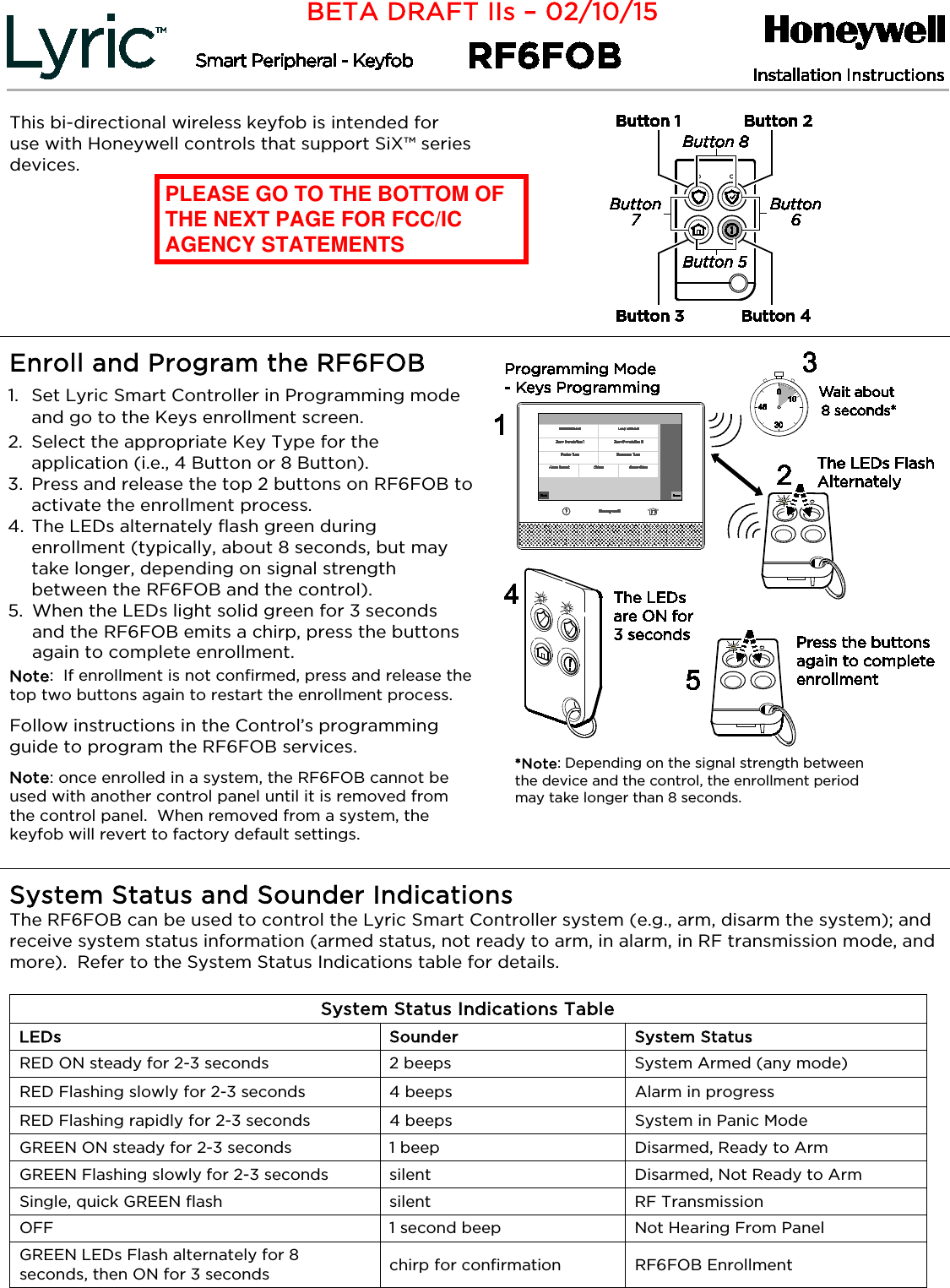 This bi-directional wireless keyfob is intended for use with Honeywell controls that support SiX™ series devices. Enroll and Program the RF6FOB 1. Set Lyric Smart Controller in Programming mode and go to the Keys enrollment screen. 2. Select the appropriate Key Type for the application (i.e., 4 Button or 8 Button). 3. Press and release the top 2 buttons on RF6FOB to activate the enrollment process. 4. The LEDs alternately flash green during enrollment (typically, about 8 seconds, but may take longer, depending on signal strength between the RF6FOB and the control). 5. When the LEDs light solid green for 3 seconds and the RF6FOB emits a chirp, press the buttons again to complete enrollment. Note: If enrollment is not confirmed, press and release the top two buttons again to restart the enrollment process. Follow instructions in the Control’s programming guide to program the RF6FOB services. Note: once enrolled in a system, the RF6FOB cannot be used with another control panel until it is removed from the control panel. When removed from a system, the keyfob will revert to factory default settings. System Status and Sounder Indications The RF6FOB can be used to control the Lyric Smart Controller system (e.g., arm, disarm the system); and receive system status information (armed status, not ready to arm, in alarm, in RF transmission mode, and more). Refer to the System Status Indications table for details. System Status Indications Table LEDs Sounder System Status RED ON steady for 2-3 seconds 2 beeps System Armed (any mode) RED Flashing slowly for 2-3 seconds 4 beeps Alarm in progress RED Flashing rapidly for 2-3 seconds 4 beeps System in Panic Mode GREEN ON steady for 2-3 seconds 1 beep Disarmed, Ready to Arm GREEN Flashing slowly for 2-3 seconds silent Disarmed, Not Ready to Arm Single, quick GREEN flash silent RF Transmission OFF 1 second beep Not Hearing From Panel GREEN LEDs Flash alternately for 8 seconds, then ON for 3 seconds chirp for confirmation RF6FOB Enrollment BETA DRAFT IIs – 02/10/15 *Note: Depending on the signal strength between the device and the control, the enrollment period may take longer than 8 seconds. PLEASE GO TO THE BOTTOM OF THE NEXT PAGE FOR FCC/IC AGENCY STATEMENTS