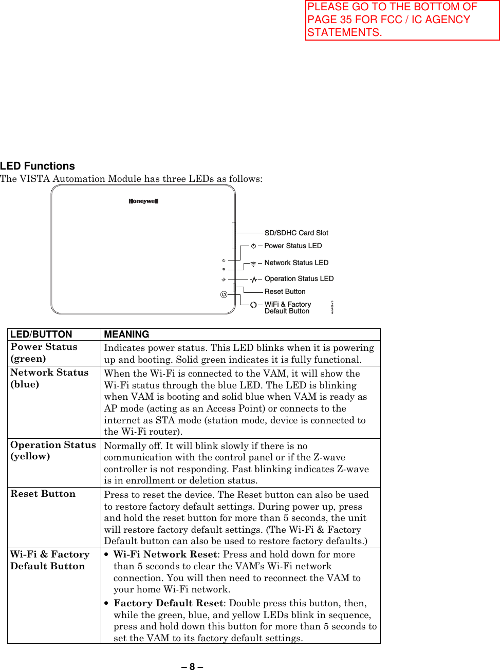 – 8 – LED Functions The VISTA Automation Module has three LEDs as follows: SD/SDHC Card SlotPower Status LEDNetwork Status LEDOperation Status LEDReset ButtonWiFi &amp; FactoryDefault Buttonvam-001-V0  LED/BUTTON MEANING Power Status  (green) Indicates power status. This LED blinks when it is powering up and booting. Solid green indicates it is fully functional. Network Status  (blue) When the Wi-Fi is connected to the VAM, it will show the Wi-Fi status through the blue LED. The LED is blinking when VAM is booting and solid blue when VAM is ready as AP mode (acting as an Access Point) or connects to the internet as STA mode (station mode, device is connected to the Wi-Fi router). Operation Status (yellow) Normally off. It will blink slowly if there is no communication with the control panel or if the Z-wave controller is not responding. Fast blinking indicates Z-wave is in enrollment or deletion status. Reset Button  Press to reset the device. The Reset button can also be used to restore factory default settings. During power up, press and hold the reset button for more than 5 seconds, the unit will restore factory default settings. (The Wi-Fi &amp; Factory Default button can also be used to restore factory defaults.) Wi-Fi &amp; Factory  Default Button • Wi-Fi Network Reset: Press and hold down for more than 5 seconds to clear the VAM’s Wi-Fi network connection. You will then need to reconnect the VAM to your home Wi-Fi network. • Factory Default Reset: Double press this button, then, while the green, blue, and yellow LEDs blink in sequence, press and hold down this button for more than 5 seconds to set the VAM to its factory default settings.  PLEASE GO TO THE BOTTOM OF PAGE 35 FOR FCC / IC AGENCY STATEMENTS.