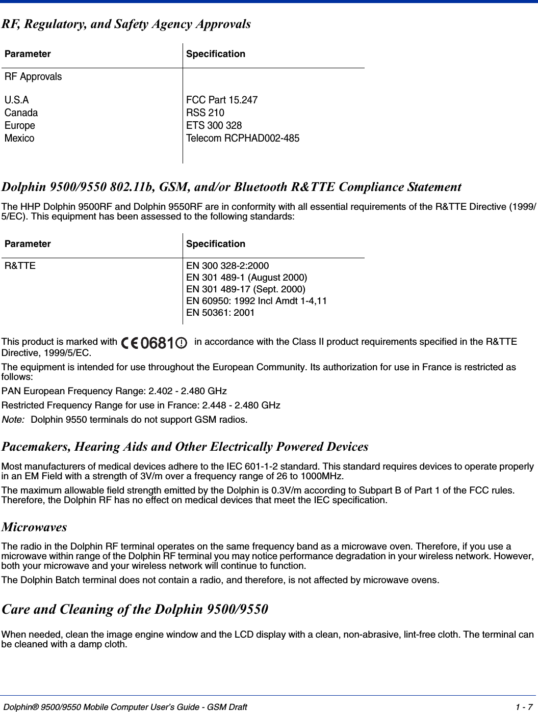 Dolphin® 9500/9550 Mobile Computer User’s Guide - GSM Draft 1 - 7RF, Regulatory, and Safety Agency Approvals Dolphin 9500/9550 802.11b, GSM, and/or Bluetooth R&amp;TTE Compliance StatementThe HHP Dolphin 9500RF and Dolphin 9550RF are in conformity with all essential requirements of the R&amp;TTE Directive (1999/5/EC). This equipment has been assessed to the following standards:This product is marked with    in accordance with the Class II product requirements specified in the R&amp;TTE Directive, 1999/5/EC.The equipment is intended for use throughout the European Community. Its authorization for use in France is restricted as follows:PAN European Frequency Range: 2.402 - 2.480 GHzRestricted Frequency Range for use in France: 2.448 - 2.480 GHzNote: Dolphin 9550 terminals do not support GSM radios.Pacemakers, Hearing Aids and Other Electrically Powered DevicesMost manufacturers of medical devices adhere to the IEC 601-1-2 standard. This standard requires devices to operate properly in an EM Field with a strength of 3V/m over a frequency range of 26 to 1000MHz. The maximum allowable field strength emitted by the Dolphin is 0.3V/m according to Subpart B of Part 1 of the FCC rules. Therefore, the Dolphin RF has no effect on medical devices that meet the IEC specification. MicrowavesThe radio in the Dolphin RF terminal operates on the same frequency band as a microwave oven. Therefore, if you use a microwave within range of the Dolphin RF terminal you may notice performance degradation in your wireless network. However, both your microwave and your wireless network will continue to function.The Dolphin Batch terminal does not contain a radio, and therefore, is not affected by microwave ovens.Care and Cleaning of the Dolphin 9500/9550When needed, clean the image engine window and the LCD display with a clean, non-abrasive, lint-free cloth. The terminal can be cleaned with a damp cloth.Parameter SpecificationRF ApprovalsU.S.ACanadaEuropeMexicoFCC Part 15.247RSS 210 ETS 300 328 Telecom RCPHAD002-485Parameter SpecificationR&amp;TTE EN 300 328-2:2000EN 301 489-1 (August 2000)EN 301 489-17 (Sept. 2000)EN 60950: 1992 Incl Amdt 1-4,11EN 50361: 2001