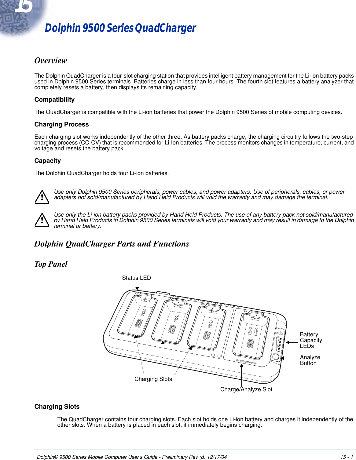 Dolphin® 9500 Series Mobile Computer User’s Guide - Preliminary Rev (d) 12/17/04 15 - 115Dolphin 9500 Series QuadChargerOverviewThe Dolphin QuadCharger is a four-slot charging station that provides intelligent battery management for the Li-ion battery packs used in Dolphin 9500 Series terminals. Batteries charge in less than four hours. The fourth slot features a battery analyzer that completely resets a battery, then displays its remaining capacity.CompatibilityThe QuadCharger is compatible with the Li-ion batteries that power the Dolphin 9500 Series of mobile computing devices.Charging ProcessEach charging slot works independently of the other three. As battery packs charge, the charging circuitry follows the two-step charging process (CC-CV) that is recommended for Li-Ion batteries. The process monitors changes in temperature, current, and voltage and resets the battery pack.CapacityThe Dolphin QuadCharger holds four Li-ion batteries.Use only Dolphin 9500 Series peripherals, power cables, and power adapters. Use of peripherals, cables, or power adapters not sold/manufactured by Hand Held Products will void the warranty and may damage the terminal.Use only the Li-ion battery packs provided by Hand Held Products. The use of any battery pack not sold/manufactured by Hand Held Products in Dolphin 9500 Series terminals will void your warranty and may result in damage to the Dolphin terminal or battery.Dolphin QuadCharger Parts and FunctionsTop Panel Charging SlotsThe QuadCharger contains four charging slots. Each slot holds one Li-ion battery and charges it independently of the other slots. When a battery is placed in each slot, it immediately begins charging.   !!OSLOT 4BATTERYCAPACITY100%0%ANALYZECHARGE/ANALYZE1234Charging SlotsStatus LEDCharge/Analyze SlotBattery Capacity LEDsAnalyze Button