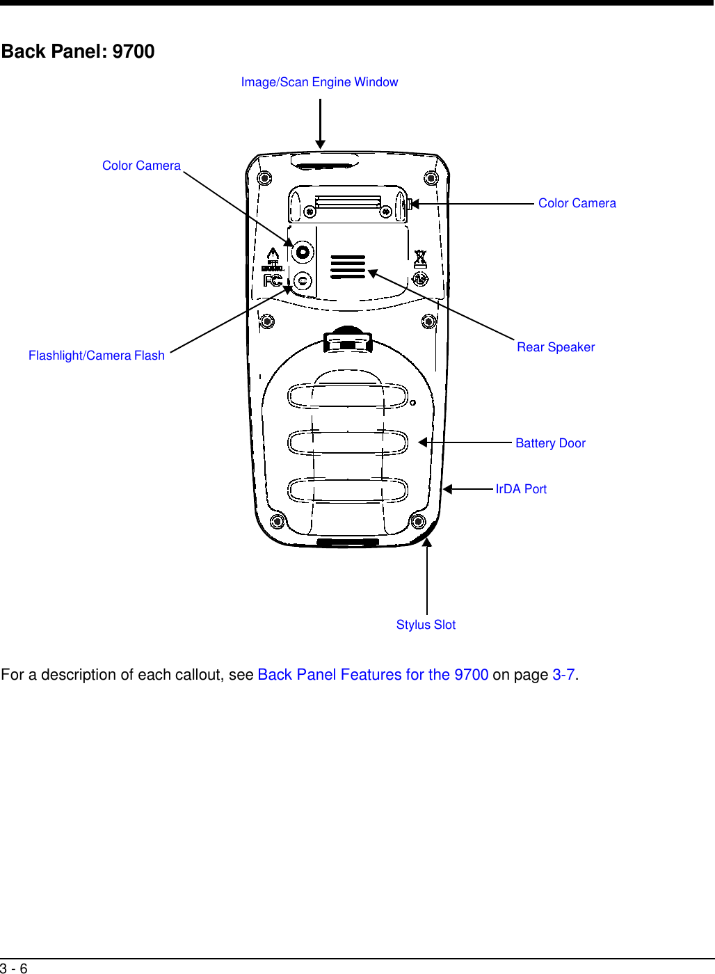 3 - 6      Back Panel: 9700  Image/Scan Engine Window      Color Camera  Color Camera           Flashlight/Camera Flash Rear Speaker      Battery Door   IrDA Port         Stylus Slot   For a description of each callout, see Back Panel Features for the 9700 on page 3-7. 