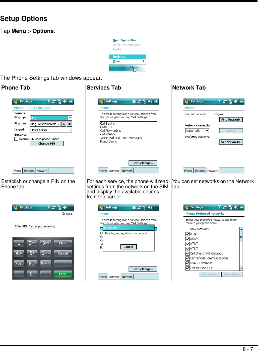 8 - 7     Setup Options  Tap Menu &gt; Options.    The Phone Settings tab windows appear.  Phone Tab  Services Tab  Network Tab    Establish or change a PIN on the Phone tab.  For each service, the phone will read settings from the network on the SIM and display the available options from the carrier. You can set networks on the Network tab.   