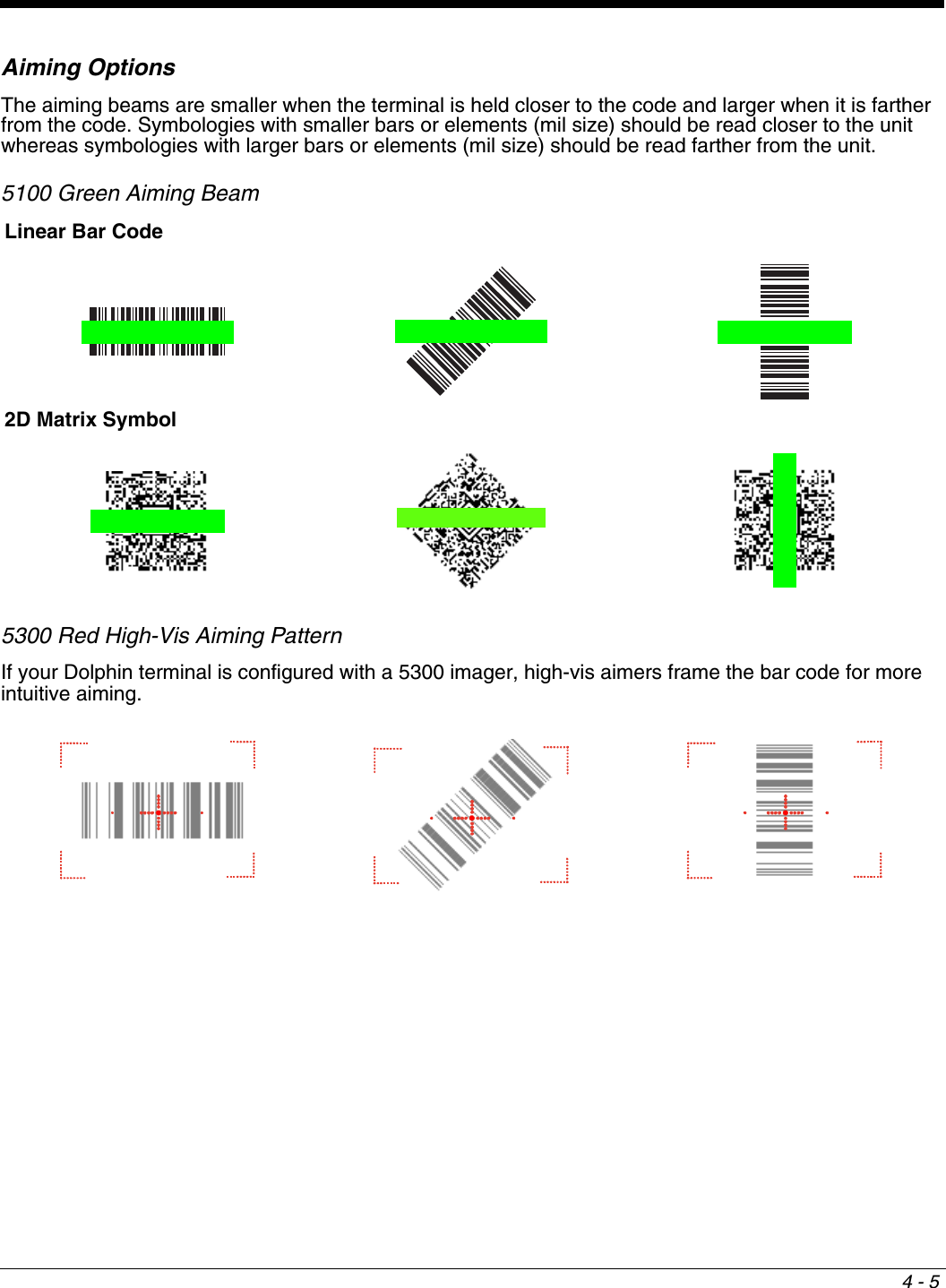 4 - 5Aiming Options The aiming beams are smaller when the terminal is held closer to the code and larger when it is farther from the code. Symbologies with smaller bars or elements (mil size) should be read closer to the unit whereas symbologies with larger bars or elements (mil size) should be read farther from the unit.5100 Green Aiming Beam 5300 Red High-Vis Aiming PatternIf your Dolphin terminal is configured with a 5300 imager, high-vis aimers frame the bar code for more intuitive aiming. Linear Bar Code2D Matrix Symbol
