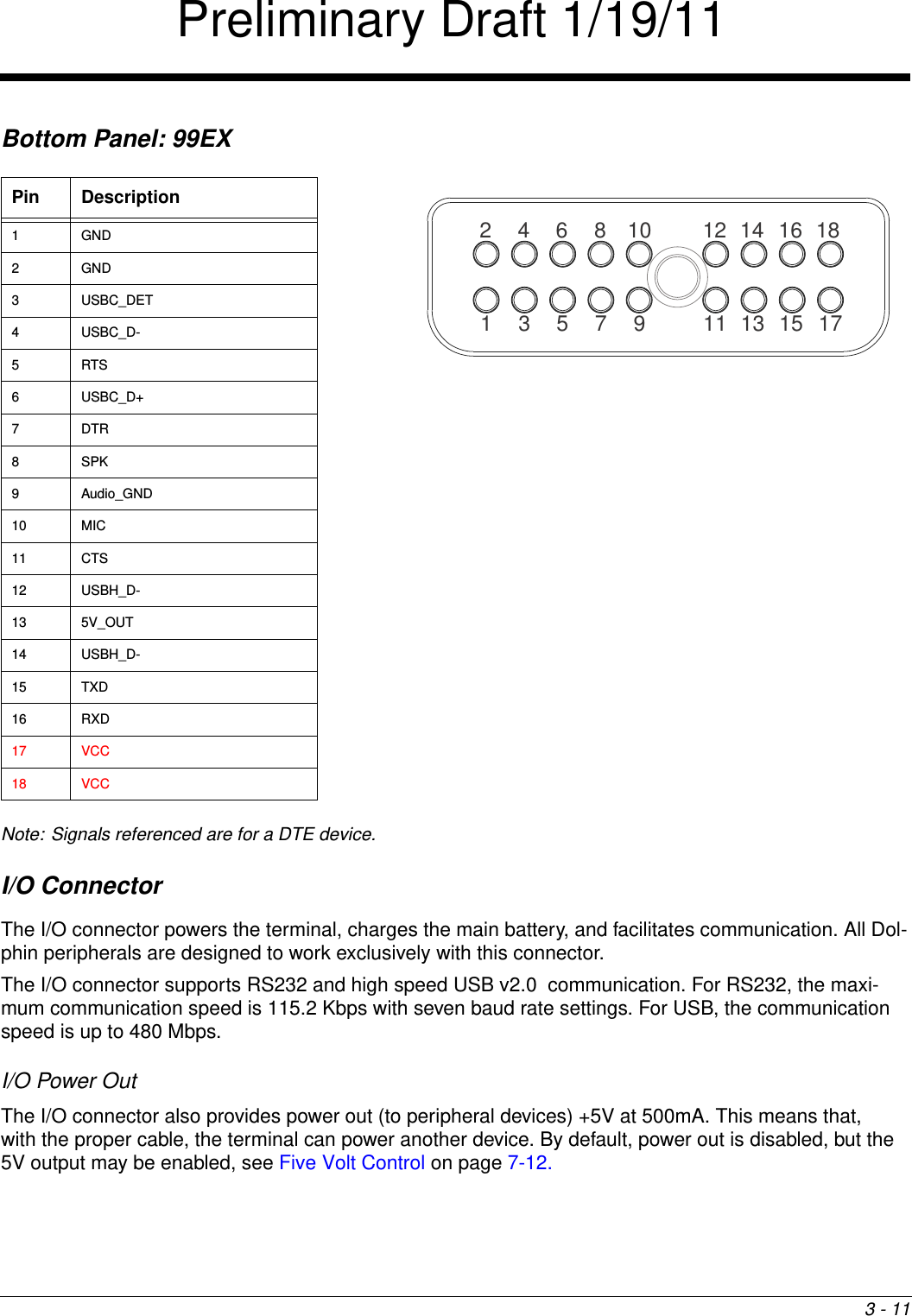 3 - 11Bottom Panel: 99EXNote: Signals referenced are for a DTE device.I/O ConnectorThe I/O connector powers the terminal, charges the main battery, and facilitates communication. All Dol-phin peripherals are designed to work exclusively with this connector.The I/O connector supports RS232 and high speed USB v2.0  communication. For RS232, the maxi-mum communication speed is 115.2 Kbps with seven baud rate settings. For USB, the communication speed is up to 480 Mbps. I/O Power OutThe I/O connector also provides power out (to peripheral devices) +5V at 500mA. This means that,with the proper cable, the terminal can power another device. By default, power out is disabled, but the 5V output may be enabled, see Five Volt Control on page 7-12. Pin Description1GND2GND3 USBC_DET4 USBC_D-5RTS6 USBC_D+7DTR8SPK9 Audio_GND10 MIC11 CTS12 USBH_D-13 5V_OUT14 USBH_D-15 TXD16 RXD17 VCC18 VCC246810 12 14 16 181357911 1315 17Preliminary Draft 1/19/11