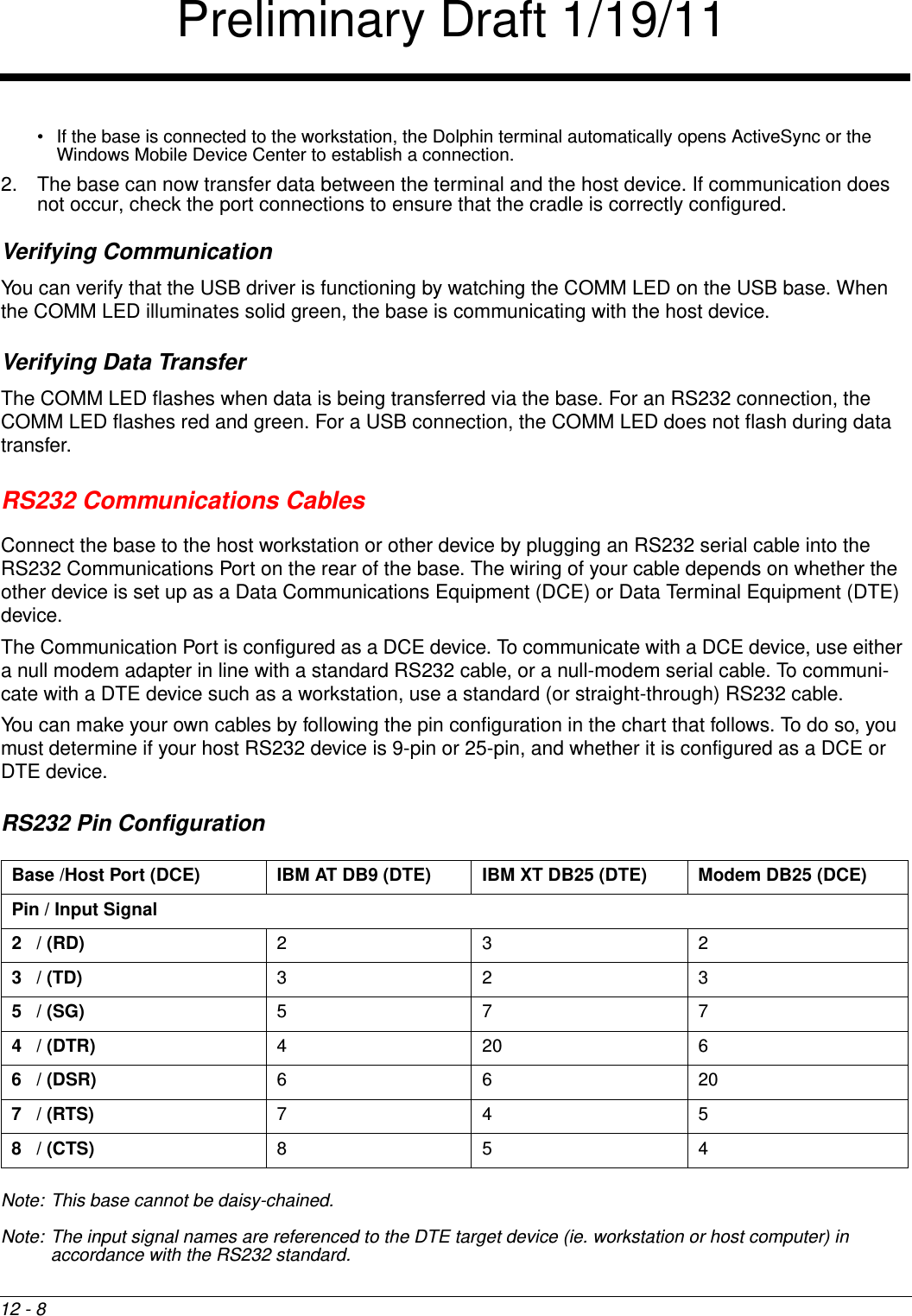 12 - 8• If the base is connected to the workstation, the Dolphin terminal automatically opens ActiveSync or the Windows Mobile Device Center to establish a connection.2. The base can now transfer data between the terminal and the host device. If communication does not occur, check the port connections to ensure that the cradle is correctly configured. Verifying CommunicationYou can verify that the USB driver is functioning by watching the COMM LED on the USB base. When the COMM LED illuminates solid green, the base is communicating with the host device.Verifying Data TransferThe COMM LED flashes when data is being transferred via the base. For an RS232 connection, the COMM LED flashes red and green. For a USB connection, the COMM LED does not flash during data transfer.RS232 Communications CablesConnect the base to the host workstation or other device by plugging an RS232 serial cable into the RS232 Communications Port on the rear of the base. The wiring of your cable depends on whether the other device is set up as a Data Communications Equipment (DCE) or Data Terminal Equipment (DTE) device. The Communication Port is configured as a DCE device. To communicate with a DCE device, use either a null modem adapter in line with a standard RS232 cable, or a null-modem serial cable. To communi-cate with a DTE device such as a workstation, use a standard (or straight-through) RS232 cable. You can make your own cables by following the pin configuration in the chart that follows. To do so, you must determine if your host RS232 device is 9-pin or 25-pin, and whether it is configured as a DCE or DTE device.RS232 Pin ConfigurationNote: This base cannot be daisy-chained.Note: The input signal names are referenced to the DTE target device (ie. workstation or host computer) in accordance with the RS232 standard.Base /Host Port (DCE) IBM AT DB9 (DTE) IBM XT DB25 (DTE) Modem DB25 (DCE)Pin / Input Signal2   / (RD) 23 23   / (TD) 32 35   / (SG) 57 74   / (DTR) 42066   / (DSR) 66 207   / (RTS) 74 58   / (CTS) 85 4Preliminary Draft 1/19/11