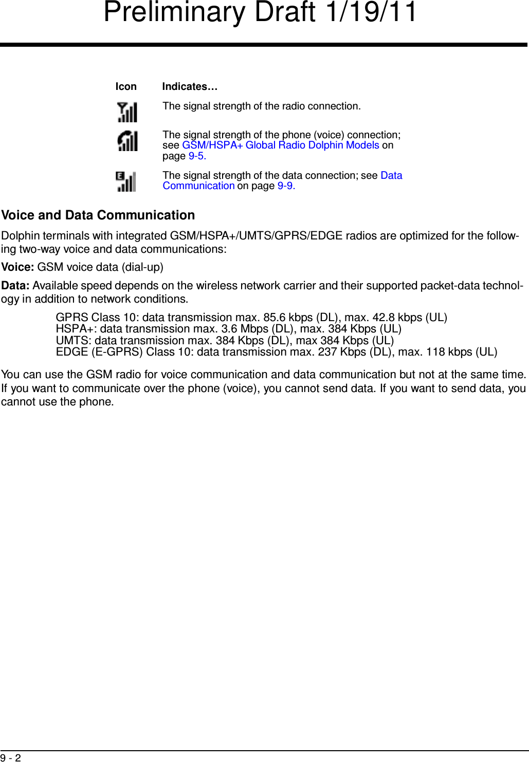 Preliminary Draft 1/19/11 9 - 2      Icon  Indicates…  The signal strength of the radio connection.   The signal strength of the phone (voice) connection; see GSM/HSPA+ Global Radio Dolphin Models on page 9-5.  The signal strength of the data connection; see Data Communication on page 9-9.   Voice and Data Communication  Dolphin terminals with integrated GSM/HSPA+/UMTS/GPRS/EDGE radios are optimized for the follow- ing two-way voice and data communications: Voice: GSM voice data (dial-up) Data: Available speed depends on the wireless network carrier and their supported packet-data technol- ogy in addition to network conditions.  GPRS Class 10: data transmission max. 85.6 kbps (DL), max. 42.8 kbps (UL) HSPA+: data transmission max. 3.6 Mbps (DL), max. 384 Kbps (UL) UMTS: data transmission max. 384 Kbps (DL), max 384 Kbps (UL) EDGE (E-GPRS) Class 10: data transmission max. 237 Kbps (DL), max. 118 kbps (UL)  You can use the GSM radio for voice communication and data communication but not at the same time. If you want to communicate over the phone (voice), you cannot send data. If you want to send data, you cannot use the phone. 