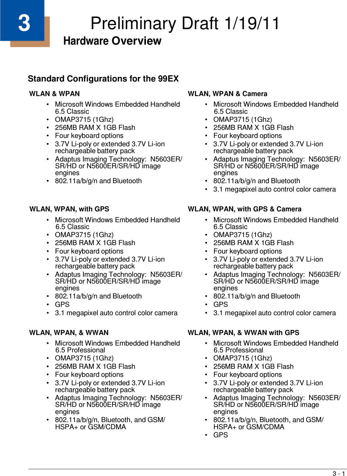 3 - 1   3  Preliminary Draft 1/19/11 Hardware Overview     Standard Configurations for the 99EX  WLAN &amp; WPAN •   Microsoft Windows Embedded Handheld 6.5 Classic •   OMAP3715 (1Ghz) •   256MB RAM X 1GB Flash •   Four keyboard options •   3.7V Li-poly or extended 3.7V Li-ion rechargeable battery pack •   Adaptus Imaging Technology:  N5603ER/ SR/HD or N5600ER/SR/HD image engines •   802.11a/b/g/n and Bluetooth WLAN, WPAN &amp; Camera •   Microsoft Windows Embedded Handheld 6.5 Classic •   OMAP3715 (1Ghz) •   256MB RAM X 1GB Flash •   Four keyboard options •   3.7V Li-poly or extended 3.7V Li-ion rechargeable battery pack •   Adaptus Imaging Technology:  N5603ER/ SR/HD or N5600ER/SR/HD image engines •   802.11a/b/g/n and Bluetooth •   3.1 megapixel auto control color camera   WLAN, WPAN, with GPS •   Microsoft Windows Embedded Handheld 6.5 Classic •   OMAP3715 (1Ghz) •   256MB RAM X 1GB Flash •   Four keyboard options •   3.7V Li-poly or extended 3.7V Li-ion rechargeable battery pack •   Adaptus Imaging Technology:  N5603ER/ SR/HD or N5600ER/SR/HD image engines •   802.11a/b/g/n and Bluetooth •   GPS •   3.1 megapixel auto control color camera WLAN, WPAN, with GPS &amp; Camera •   Microsoft Windows Embedded Handheld 6.5 Classic •   OMAP3715 (1Ghz) •   256MB RAM X 1GB Flash •   Four keyboard options •   3.7V Li-poly or extended 3.7V Li-ion rechargeable battery pack •   Adaptus Imaging Technology:  N5603ER/ SR/HD or N5600ER/SR/HD image engines •   802.11a/b/g/n and Bluetooth •   GPS •   3.1 megapixel auto control color camera   WLAN, WPAN, &amp; WWAN •   Microsoft Windows Embedded Handheld 6.5 Professional •   OMAP3715 (1Ghz) •   256MB RAM X 1GB Flash •   Four keyboard options •   3.7V Li-poly or extended 3.7V Li-ion rechargeable battery pack •   Adaptus Imaging Technology:  N5603ER/ SR/HD or N5600ER/SR/HD image engines •   802.11a/b/g/n, Bluetooth, and GSM/ HSPA+ or GSM/CDMA WLAN, WPAN, &amp; WWAN with GPS •   Microsoft Windows Embedded Handheld 6.5 Professional •   OMAP3715 (1Ghz) •   256MB RAM X 1GB Flash •   Four keyboard options •   3.7V Li-poly or extended 3.7V Li-ion rechargeable battery pack •   Adaptus Imaging Technology:  N5603ER/ SR/HD or N5600ER/SR/HD image engines •   802.11a/b/g/n, Bluetooth, and GSM/ HSPA+ or GSM/CDMA •   GPS 