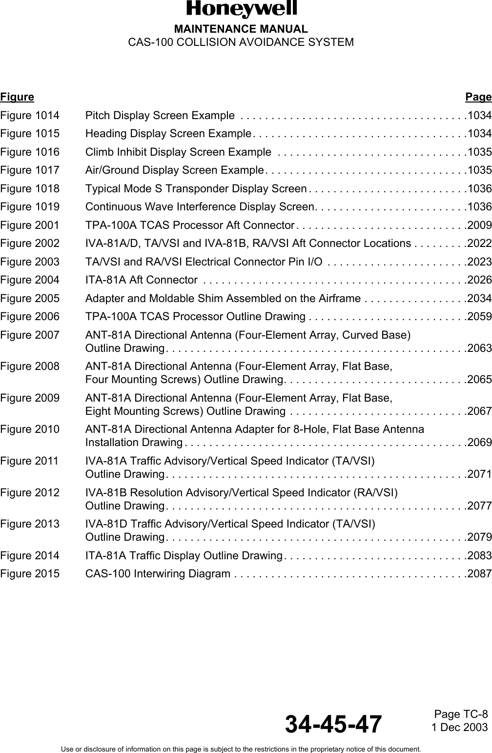 MAINTENANCE MANUALCAS-100 COLLISION AVOIDANCE SYSTEMUse or disclosure of information on this page is subject to the restrictions in the proprietary notice of this document.34-45-47Page TC-81 Dec 2003Figure 1014 Pitch Display Screen Example  . . . . . . . . . . . . . . . . . . . . . . . . . . . . . . . . . . . . .1034Figure 1015 Heading Display Screen Example. . . . . . . . . . . . . . . . . . . . . . . . . . . . . . . . . . .1034Figure 1016 Climb Inhibit Display Screen Example  . . . . . . . . . . . . . . . . . . . . . . . . . . . . . . .1035Figure 1017 Air/Ground Display Screen Example. . . . . . . . . . . . . . . . . . . . . . . . . . . . . . . . .1035Figure 1018 Typical Mode S Transponder Display Screen . . . . . . . . . . . . . . . . . . . . . . . . . .1036Figure 1019 Continuous Wave Interference Display Screen. . . . . . . . . . . . . . . . . . . . . . . . .1036Figure 2001 TPA-100A TCAS Processor Aft Connector . . . . . . . . . . . . . . . . . . . . . . . . . . . .2009Figure 2002 IVA-81A/D, TA/VSI and IVA-81B, RA/VSI Aft Connector Locations . . . . . . . . .2022Figure 2003 TA/VSI and RA/VSI Electrical Connector Pin I/O  . . . . . . . . . . . . . . . . . . . . . . .2023Figure 2004 ITA-81A Aft Connector  . . . . . . . . . . . . . . . . . . . . . . . . . . . . . . . . . . . . . . . . . . .2026Figure 2005 Adapter and Moldable Shim Assembled on the Airframe . . . . . . . . . . . . . . . . .2034Figure 2006 TPA-100A TCAS Processor Outline Drawing . . . . . . . . . . . . . . . . . . . . . . . . . .2059Figure 2007 ANT-81A Directional Antenna (Four-Element Array, Curved Base)Outline Drawing. . . . . . . . . . . . . . . . . . . . . . . . . . . . . . . . . . . . . . . . . . . . . . . . .2063Figure 2008 ANT-81A Directional Antenna (Four-Element Array, Flat Base,Four Mounting Screws) Outline Drawing. . . . . . . . . . . . . . . . . . . . . . . . . . . . . .2065Figure 2009 ANT-81A Directional Antenna (Four-Element Array, Flat Base,Eight Mounting Screws) Outline Drawing . . . . . . . . . . . . . . . . . . . . . . . . . . . . .2067Figure 2010 ANT-81A Directional Antenna Adapter for 8-Hole, Flat Base AntennaInstallation Drawing . . . . . . . . . . . . . . . . . . . . . . . . . . . . . . . . . . . . . . . . . . . . . .2069Figure 2011 IVA-81A Traffic Advisory/Vertical Speed Indicator (TA/VSI)Outline Drawing. . . . . . . . . . . . . . . . . . . . . . . . . . . . . . . . . . . . . . . . . . . . . . . . .2071Figure 2012 IVA-81B Resolution Advisory/Vertical Speed Indicator (RA/VSI)Outline Drawing. . . . . . . . . . . . . . . . . . . . . . . . . . . . . . . . . . . . . . . . . . . . . . . . .2077Figure 2013 IVA-81D Traffic Advisory/Vertical Speed Indicator (TA/VSI)Outline Drawing. . . . . . . . . . . . . . . . . . . . . . . . . . . . . . . . . . . . . . . . . . . . . . . . .2079Figure 2014 ITA-81A Traffic Display Outline Drawing. . . . . . . . . . . . . . . . . . . . . . . . . . . . . .2083Figure 2015 CAS-100 Interwiring Diagram . . . . . . . . . . . . . . . . . . . . . . . . . . . . . . . . . . . . . .2087Figure Page