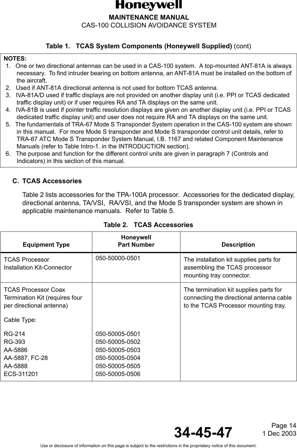Page 141 Dec 200334-45-47MAINTENANCE MANUALCAS-100 COLLISION AVOIDANCE SYSTEMUse or disclosure of information on this page is subject to the restrictions in the proprietary notice of this document.Table 1.   TCAS System Components (Honeywell Supplied) (cont)C. TCAS AccessoriesTable 2 lists accessories for the TPA-100A processor.  Accessories for the dedicated display, directional antenna, TA/VSI,  RA/VSI, and the Mode S transponder system are shown in applicable maintenance manuals.  Refer to Table 5. Table 2.   TCAS AccessoriesNOTES:1.   One or two directional antennas can be used in a CAS-100 system.  A top-mounted ANT-81A is always necessary.  To find intruder bearing on bottom antenna, an ANT-81A must be installed on the bottom of the aircraft.2.   Used if ANT-81A directional antenna is not used for bottom TCAS antenna.3.   IVA-81A/D used if traffic displays are not provided on another display unit (i.e. PPI or TCAS dedicated traffic display unit) or if user requires RA and TA displays on the same unit.4.   IVA-81B is used if pointer traffic resolution displays are given on another display unit (i.e. PPI or TCAS dedicated traffic display unit) and user does not require RA and TA displays on the same unit.5.   The fundamentals of TRA-67 Mode S Transponder System operation in the CAS-100 system are shown in this manual.  For more Mode S transponder and Mode S transponder control unit details, refer to TRA-67 ATC Mode S Transponder System Manual, I.B. 1167 and related Component Maintenance Manuals (refer to Table Intro-1. in the INTRODUCTION section).6.   The purpose and function for the different control units are given in paragraph 7 (Controls and Indicators) in this section of this manual.Equipment TypeHoneywellPart Number DescriptionTCAS ProcessorInstallation Kit-Connector 050-50000-0501 The installation kit supplies parts for assembling the TCAS processor mounting tray connector.TCAS Processor Coax Termination Kit (requires four per directional antenna)The termination kit supplies parts for connecting the directional antenna cable to the TCAS Processor mounting tray.Cable Type:RG-214RG-393AA-5886AA-5887, FC-28AA-5888ECS-311201050-50005-0501050-50005-0502050-50005-0503050-50005-0504050-50005-0505050-50005-0506