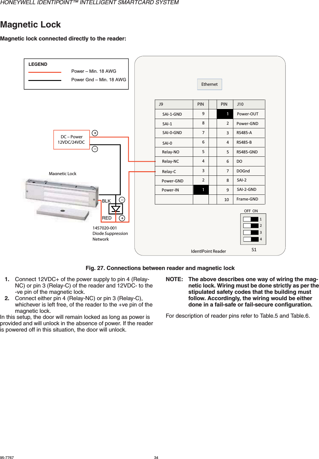 HONEYWELL IDENTIPOINT™ INTELLIGENT SMARTCARD SYSTEM95-7767 34Magnetic LockMagnetic lock connected directly to the reader:Fig. 27. Connections between reader and magnetic lock1. Connect 12VDC+ of the power supply to pin 4 (Relay-NC) or pin 3 (Relay-C) of the reader and 12VDC- to the -ve pin of the magnetic lock.2. Connect either pin 4 (Relay-NC) or pin 3 (Relay-C), whichever is left free, of the reader to the +ve pin of the magnetic lock.In this setup, the door will remain locked as long as power is provided and will unlock in the absence of power. If the reader is powered off in this situation, the door will unlock.NOTE: The above describes one way of wiring the mag-netic lock. Wiring must be done strictly as per the stipulated safety codes that the building must follow. Accordingly, the wiring would be either done in a fail-safe or fail-secure configuration.For description of reader pins refer to Table.5 and Table.6.Power – Min. 18 AWGPower Gnd – Min. 18 AWGLEGENDEthernetPower-OUTSAI-1-GNDPower-GNDSAI-1RS485-ASAI-0-GNDRS485-BSAI-0 64738291J10PINPINJ9DC – Power12VDC/24VDC+Magnetic Lock192837465RS485-GND5ON-yaleRDORelay-NCDOGndRelay-CSAI-2Power-GNDSAI2GNDPo erIN_123OFF  ON19SAI-2-GNDPower-INFrame-GND101457020-001 Diode Suppression+_REDBLKS134IdentIPoint ReaderDiode Suppression Network