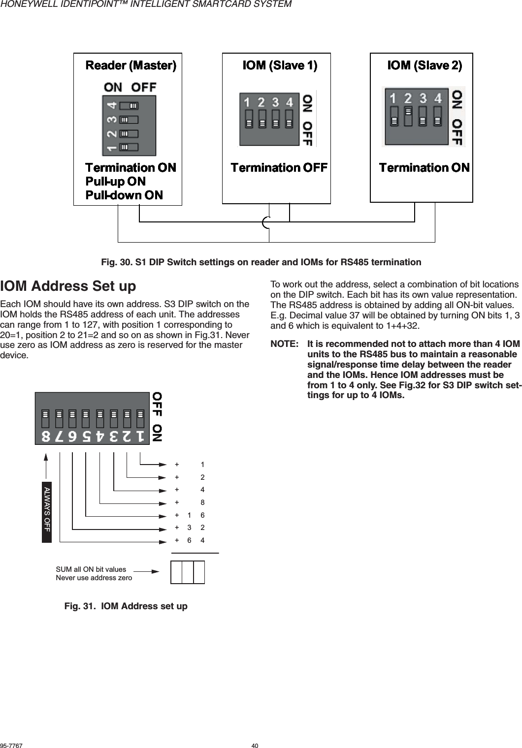 HONEYWELL IDENTIPOINT™ INTELLIGENT SMARTCARD SYSTEM95-7767 40Fig. 30. S1 DIP Switch settings on reader and IOMs for RS485 terminationIOM Address Set upEach IOM should have its own address. S3 DIP switch on the IOM holds the RS485 address of each unit. The addresses can range from 1 to 127, with position 1 corresponding to 20=1, position 2 to 21=2 and so on as shown in Fig.31. Never use zero as IOM address as zero is reserved for the master device.Fig. 31.  IOM Address set upTo work out the address, select a combination of bit locations on the DIP switch. Each bit has its own value representation. The RS485 address is obtained by adding all ON-bit values. E.g. Decimal value 37 will be obtained by turning ON bits 1, 3 and 6 which is equivalent to 1+4+32.NOTE: It is recommended not to attach more than 4 IOM units to the RS485 bus to maintain a reasonable signal/response time delay between the reader and the IOMs. Hence IOM addresses must be from 1 to 4 only. See Fig.32 for S3 DIP switch set-tings for up to 4 IOMs.Termination OFFTermination ON Termination ONIOM (Slave 1)Termination OFFReader (Master)Termination ONPull-up ONPull-down ONIOM (Slave 2)Termination ONTermination OFFTermination ON Termination ONIOM (Slave 1)Termination OFFReader (Master)Termination ONPull-up ONPull-down ONIOM (Slave 2)Termination ONTermination OFFTermination ON Termination ONIOM (Slave 1)Termination OFFReader (Master)Termination ONPull-up ONPull-down ONIOM (Slave 2)Termination ONTermination OFFTermination ON Termination ONIOM (Slave 1)Termination OFFReader (Master)Termination ONPull-up ONPull-down ONIOM (Slave 2)Termination ON+ 1+ 2+ 4+ 8+ 6+ 2+ 4ALWAYS OFF136SUM all ON bit valuesNever use address zero