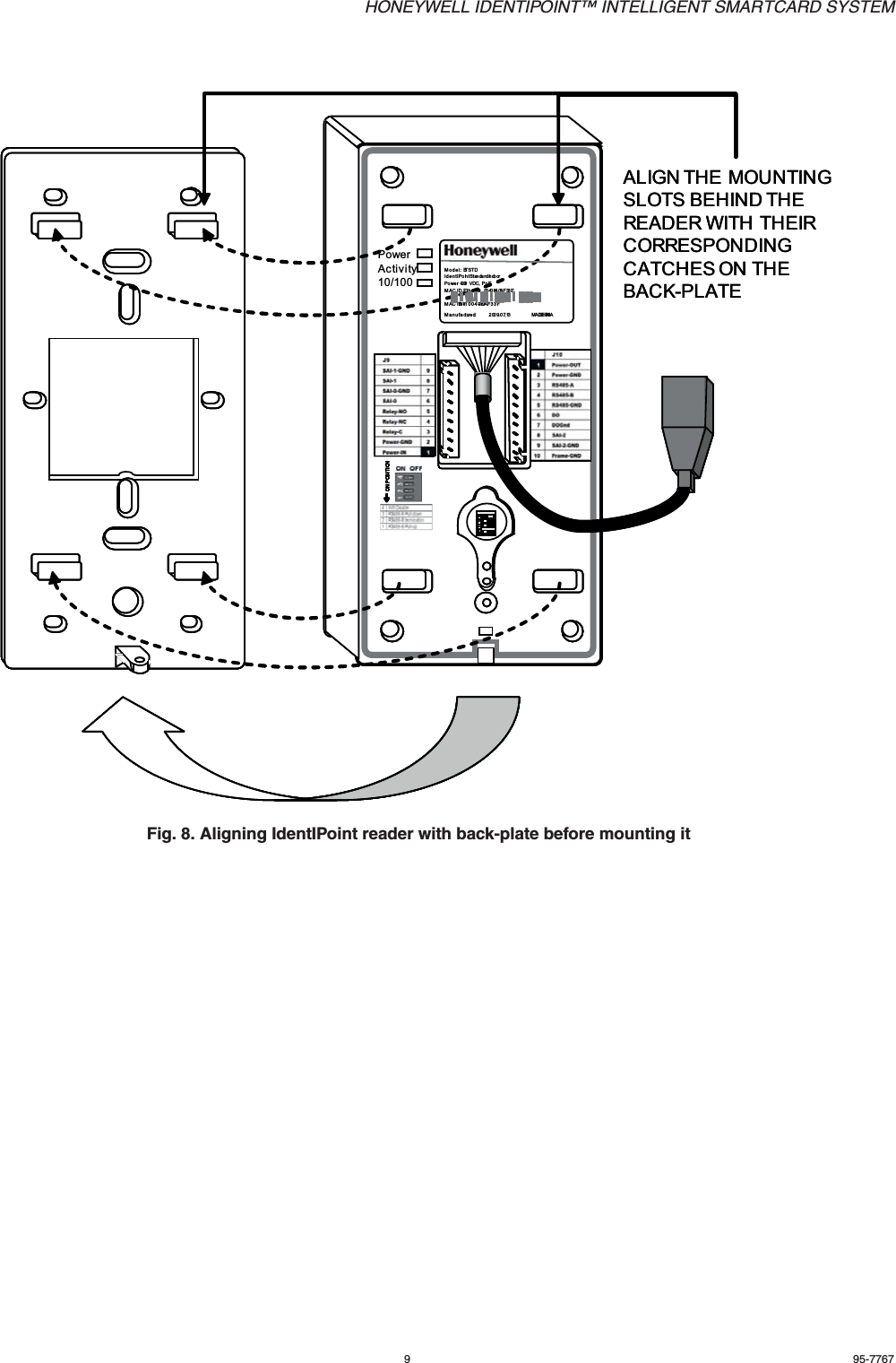 HONEYWELL IDENTIPOINT™ INTELLIGENT SMARTCARD SYSTEM995-7767Fig. 8. Aligning IdentIPoint reader with back-plate before mounting itALIGN THE  MOUNTING SLOTS BEHIND THE READER WITH THEIR CORRESPONDING CATCHES ON THE BACK-PLATE10/100ActivityPowerModel: BTSTDIdentIPoint Stan da rd IndoorPower 1 0-28  VDC, PoEM AC ID Eth ernet   00 40 84 0A F 33 EMAC ID Wi-fi 00408-I OA F 3 3 FManufactured:             2009.07.13                    MA D E  IN CHINAON P OS I T I ONON P OS I T I ONON P OS I T I ONON P OS I T I ON12341234123412341234ALIGN THE  MOUNTING SLOTS BEHIND THE READER WITH THEIR CORRESPONDING CATCHES ON THE BACK-PLATE10/100ActivityPowerModel: BTSTDIdentIPoint Stan da rd IndoorPower 1 0-28  VDC, PoEM AC ID Eth ernet   00 40 84 0A F 33 EMAC ID Wi-fi 00408-I OA F 3 3 FManufactured:             2009.07.13                    MA D E  IN CHINAON P OS I T I ONON P OS I T I ONON P OS I T I ONON P OS I T I ON12341234123412341234