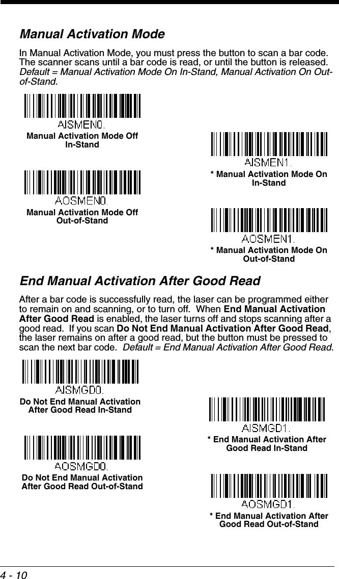 4 - 10Manual Activation ModeIn Manual Activation Mode, you must press the button to scan a bar code.  The scanner scans until a bar code is read, or until the button is released.  Default = Manual Activation Mode On In-Stand, Manual Activation On Out-of-Stand.End Manual Activation After Good ReadAfter a bar code is successfully read, the laser can be programmed either to remain on and scanning, or to turn off.  When End Manual Activation After Good Read is enabled, the laser turns off and stops scanning after a good read.  If you scan Do Not End Manual Activation After Good Read, the laser remains on after a good read, but the button must be pressed to scan the next bar code.  Default = End Manual Activation After Good Read.* Manual Activation Mode OnIn-StandManual Activation Mode OffIn-Stand* Manual Activation Mode OnOut-of-StandManual Activation Mode OffOut-of-Stand* End Manual Activation After Good Read Out-of-StandDo Not End Manual Activation After Good Read Out-of-Stand* End Manual Activation After Good Read In-StandDo Not End Manual Activation After Good Read In-Stand