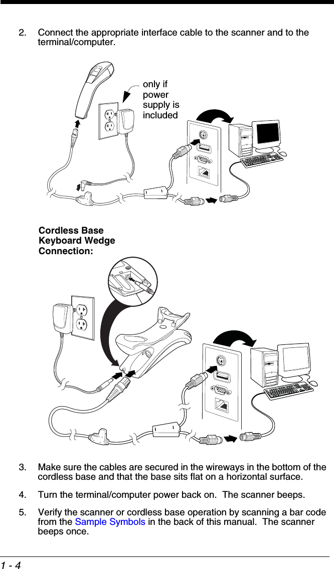1 - 42. Connect the appropriate interface cable to the scanner and to the terminal/computer.3. Make sure the cables are secured in the wireways in the bottom of the cordless base and that the base sits flat on a horizontal surface.4. Turn the terminal/computer power back on.  The scanner beeps.5. Verify the scanner or cordless base operation by scanning a bar code from the Sample Symbols in the back of this manual.  The scanner beeps once.only if power supply is includedCordless Base Keyboard Wedge Connection:
